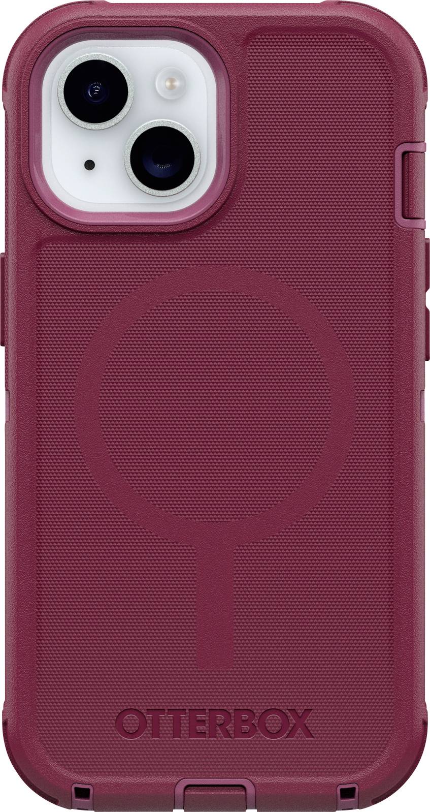 Eine rote Handyhülle der Marke Otterbox, passend für ein Smartphone mit zwei Kameras, bietet robusten Schutz.