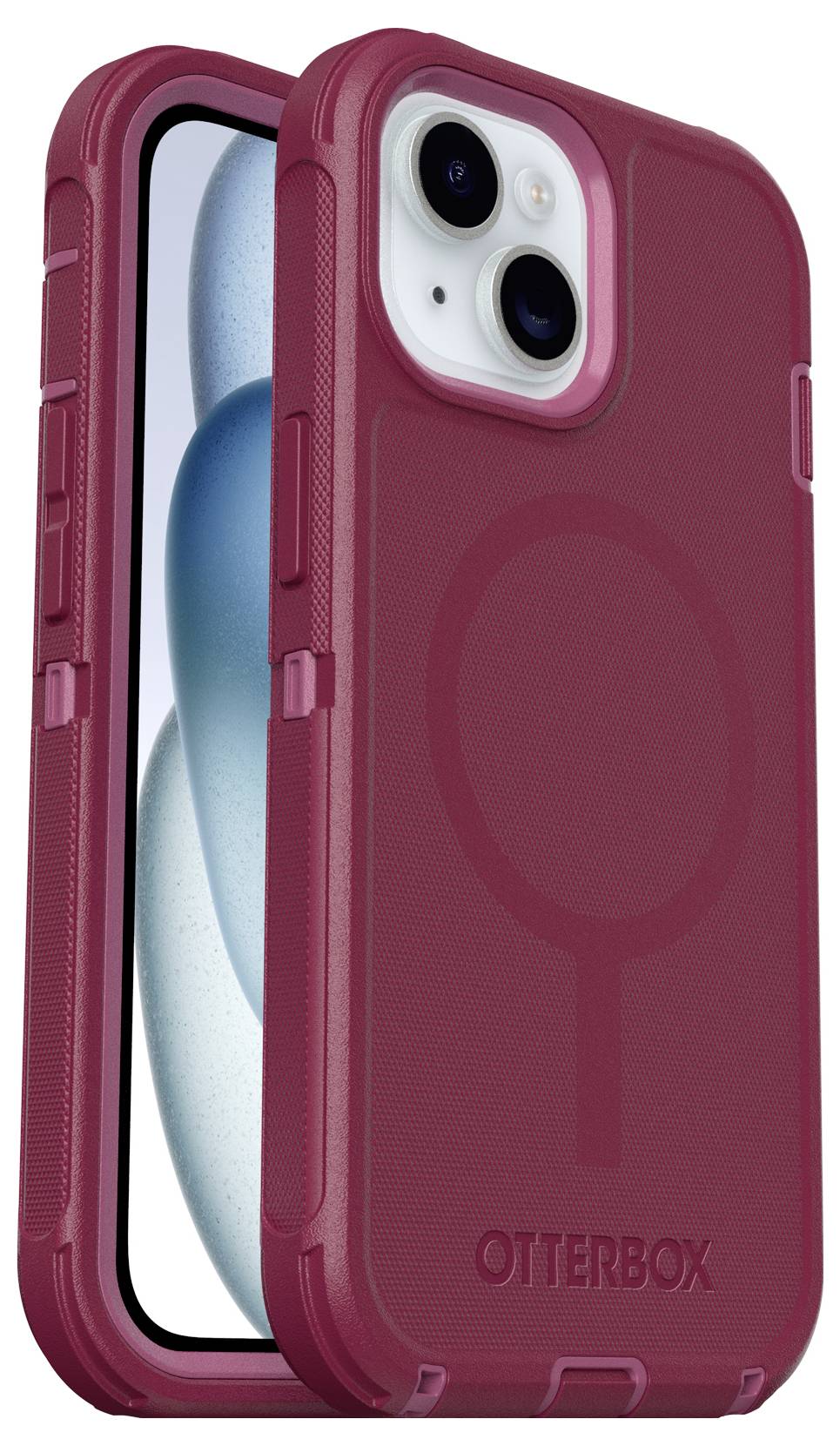 Rotes Otterbox-Handycase mit MagSafe-Unterstützung, schützendes Design, passend für ein Smartphone, Rück- und Seitenansicht.