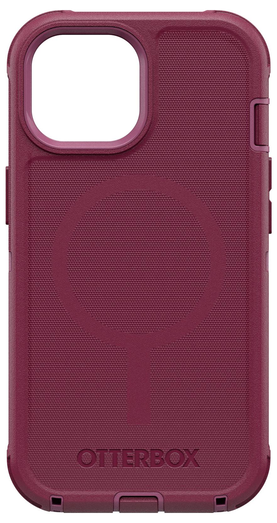 Rote Smartphone-Schutzhülle von OtterBox mit einem kreisförmigen Design auf der Rückseite. Geeignet für iPhone 13.