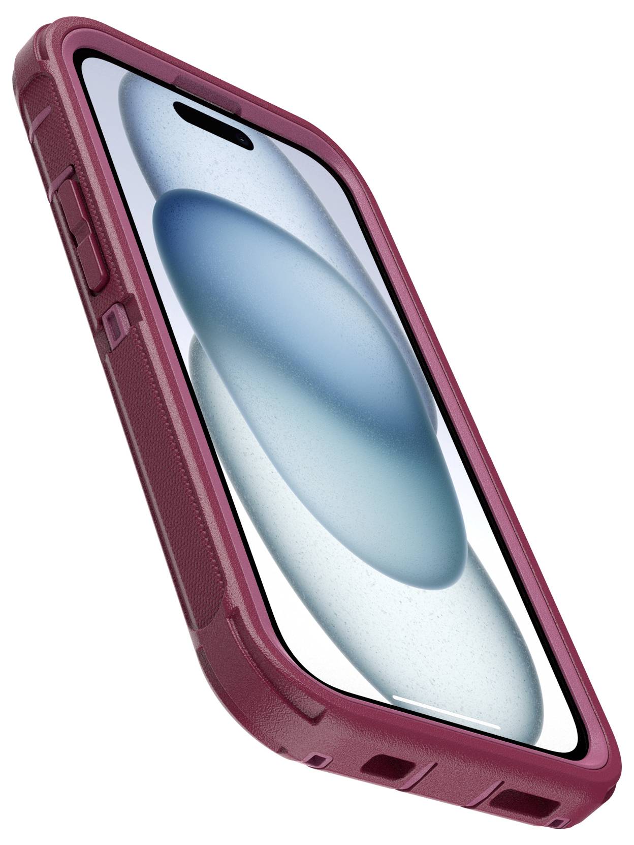 Smartphone mit roter Schutzhülle, Bildschirm zeigt abstrakte blaue Formen. Gerät im Hochformat leicht seitlich geneigt.