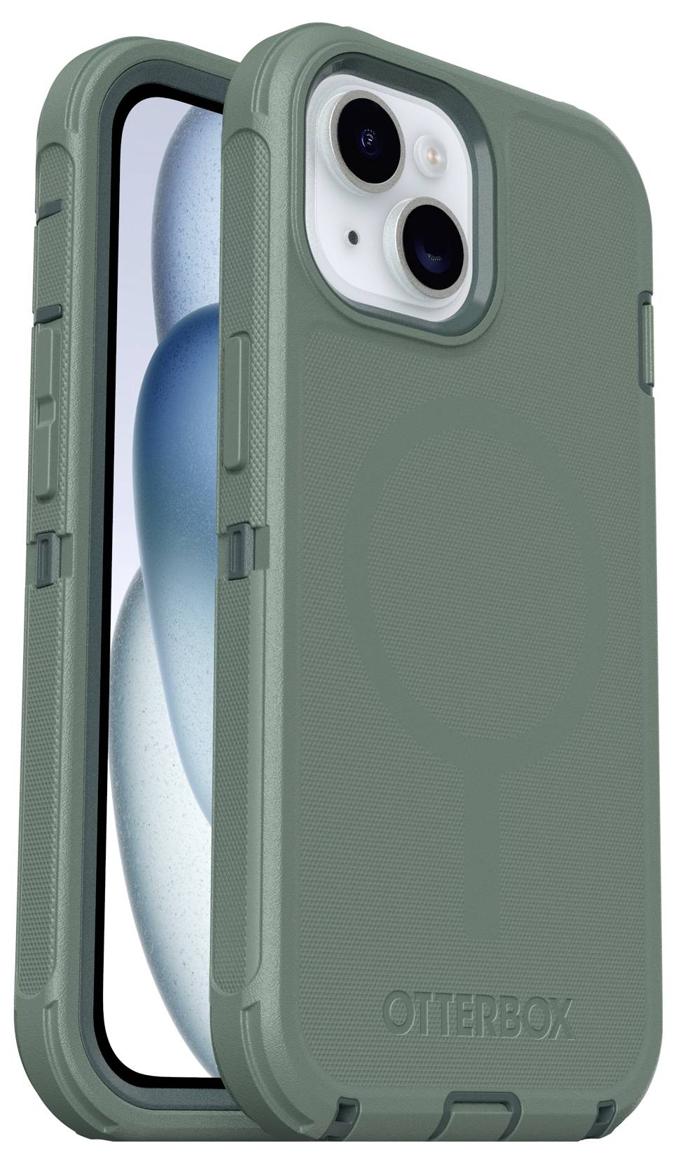 Smartphone mit grünem Otterbox-Gehäuse, das strapazierfähig wirkt. Das Display zeigt ein minimalistisches Hintergrundbild.