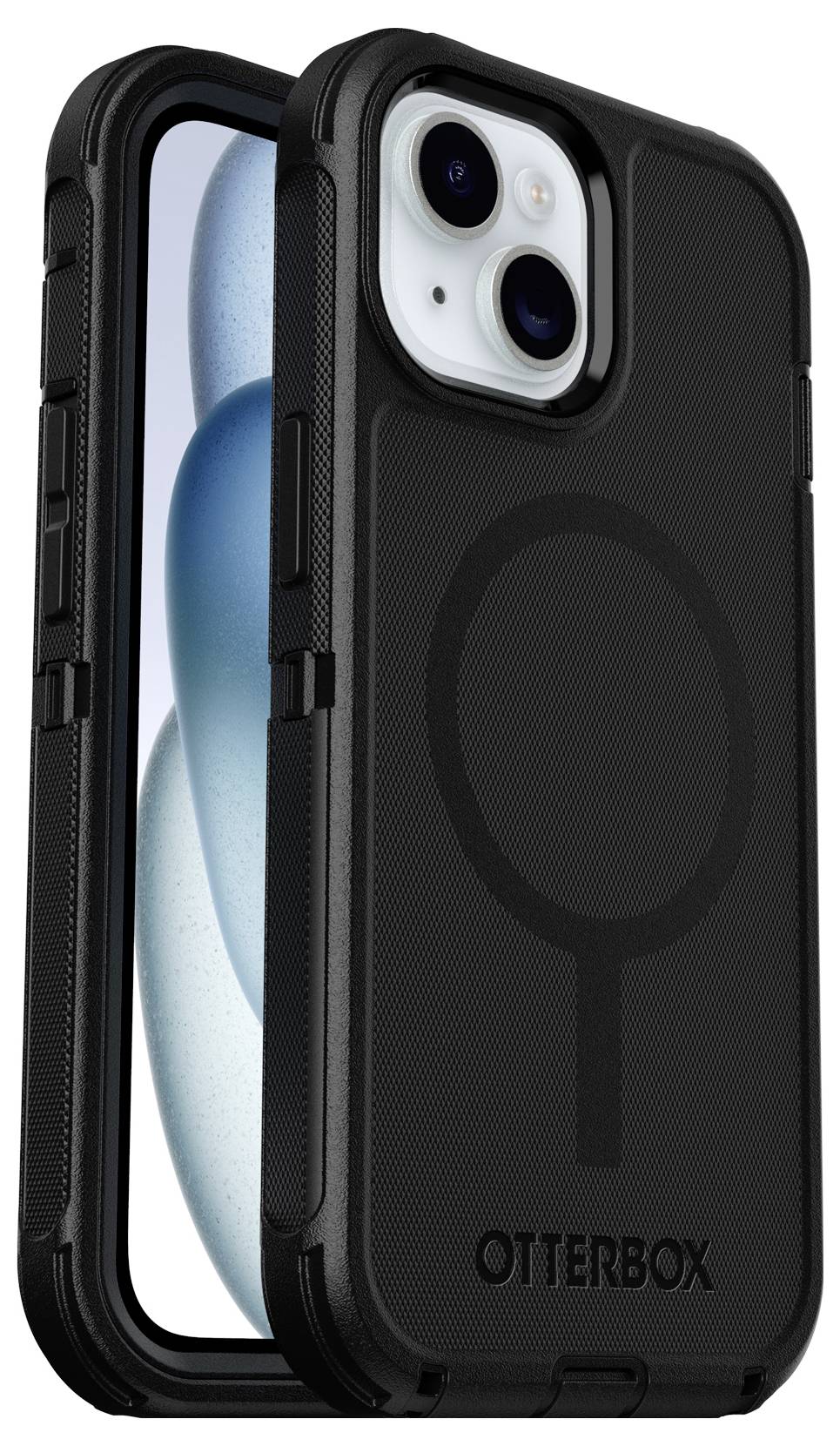 Ein Smartphone in einer robusten schwarzen Hülle von OtterBox. Das Gerät hat eine glatte Rückseite mit zwei Kameralinsen.