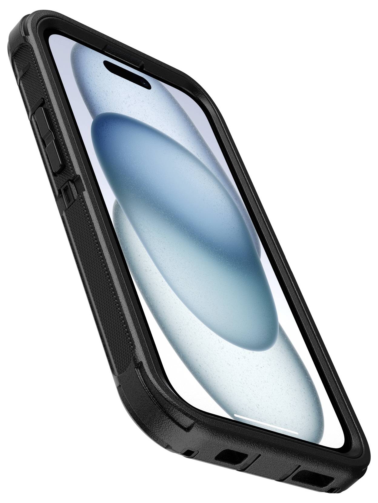 Nahaufnahme eines Smartphones mit schwarzer Schutzhülle und einem blauen abstrakten Hintergrund auf dem Bildschirm.