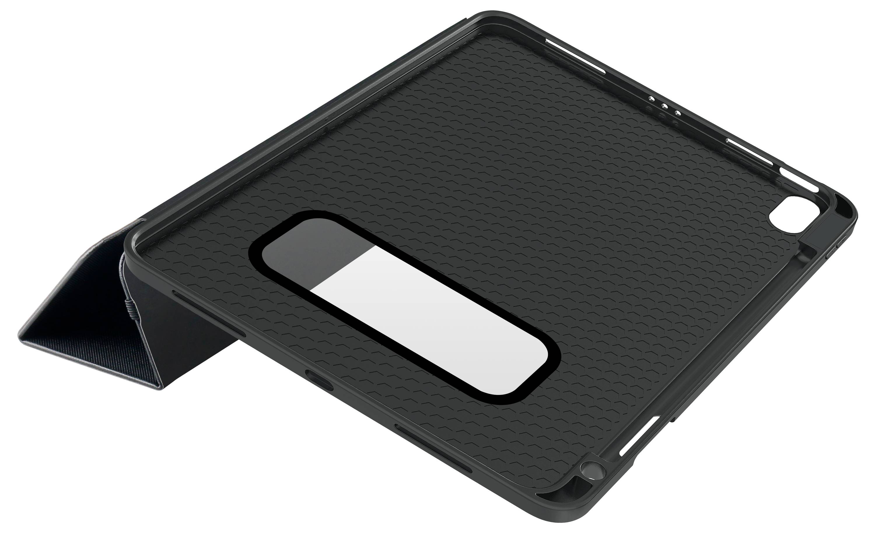 Schutzhülle für ein Tablet in Schwarz mit einem Aufklappständer. Die Hülle hat eine Textur und einen rechteckigen Ausschnitt.