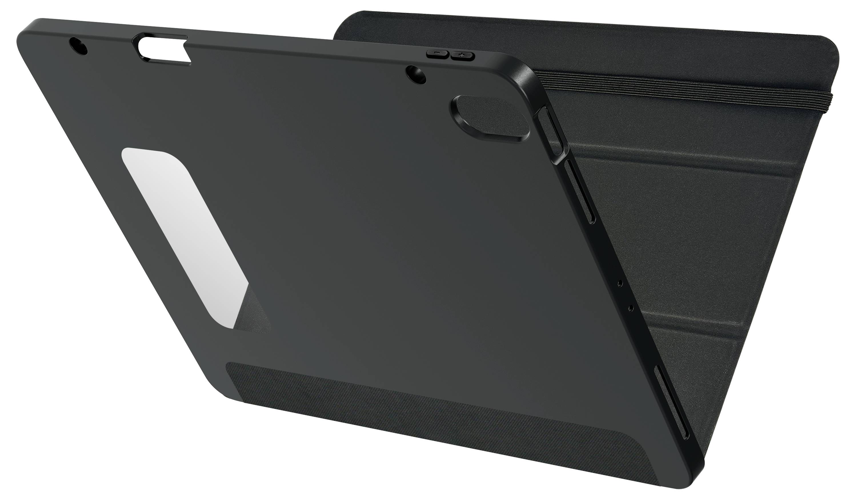 Das Bild zeigt eine schwarze Tablet-Hülle, die aufgeklappt ist. Sie hat präzise Aussparungen für Bedienelemente und die Kamera.