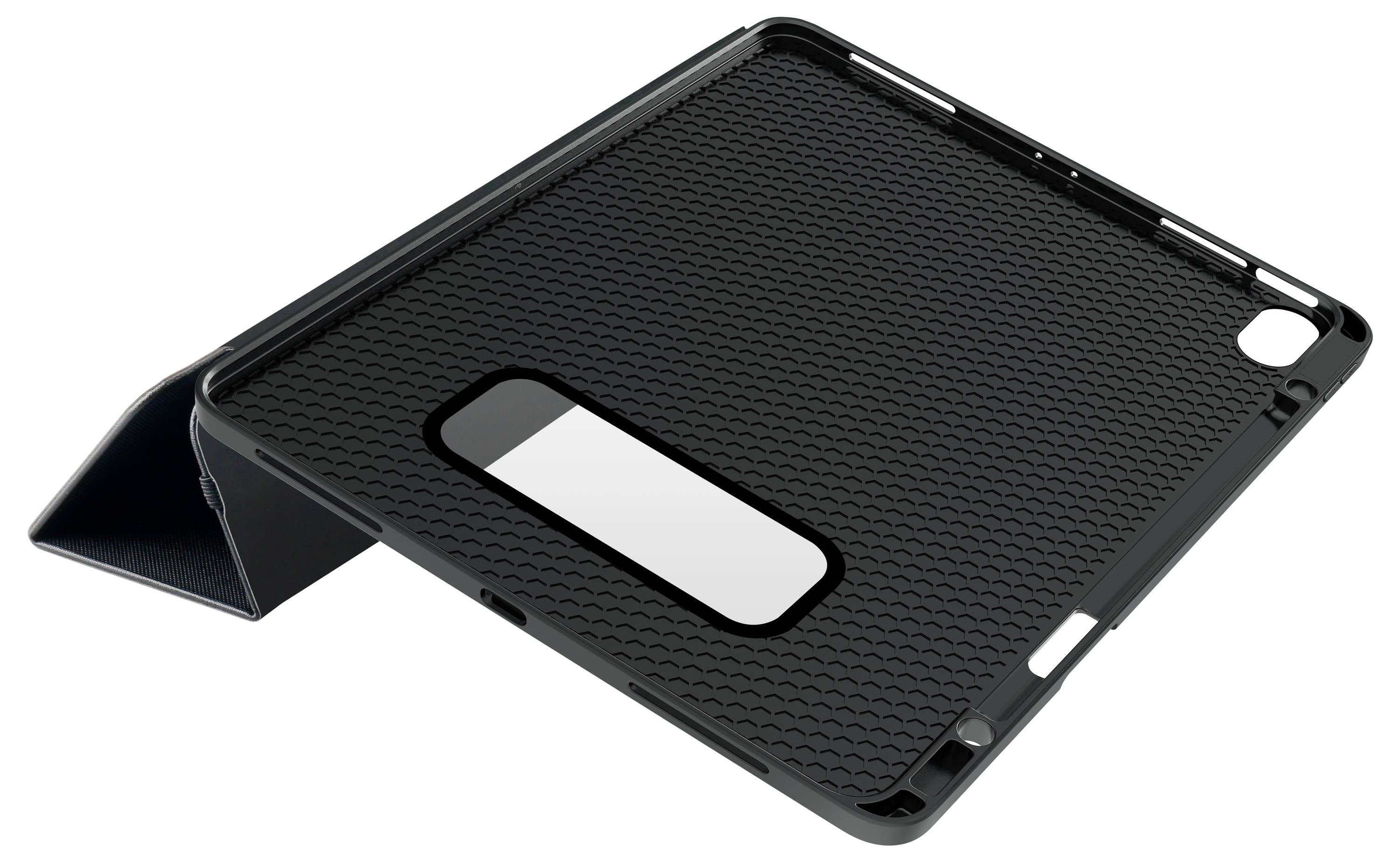 Etui für Tablet-Computer in Schwarz, mit abnehmbarer Schutzhülle und Klappständer für horizontale Aufstellung.