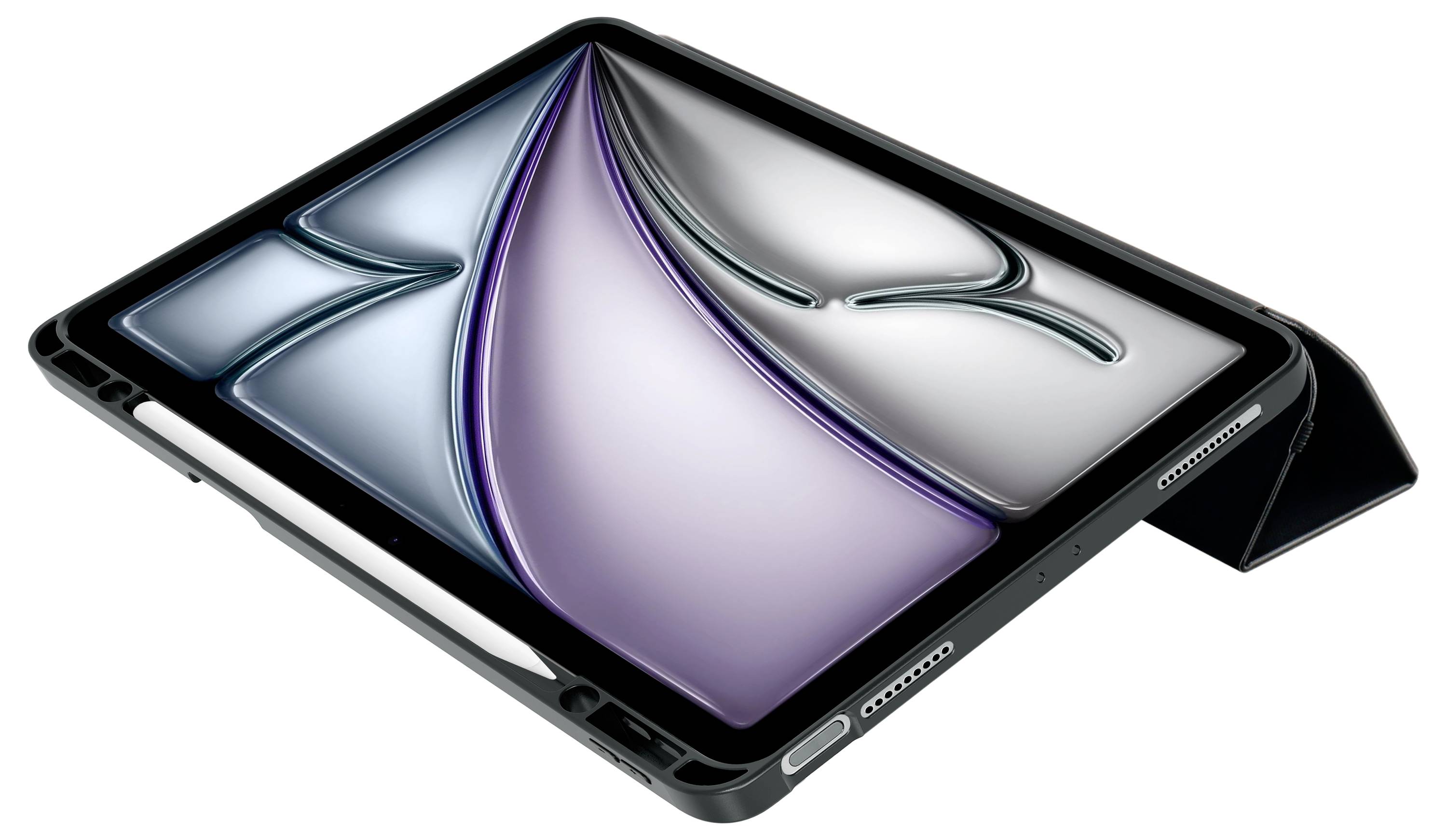 Ein Tablet mit stylus in einer Hülle, das in einem leicht geneigten Winkel steht. Der Bildschirm zeigt ein abstraktes, farbiges Design.