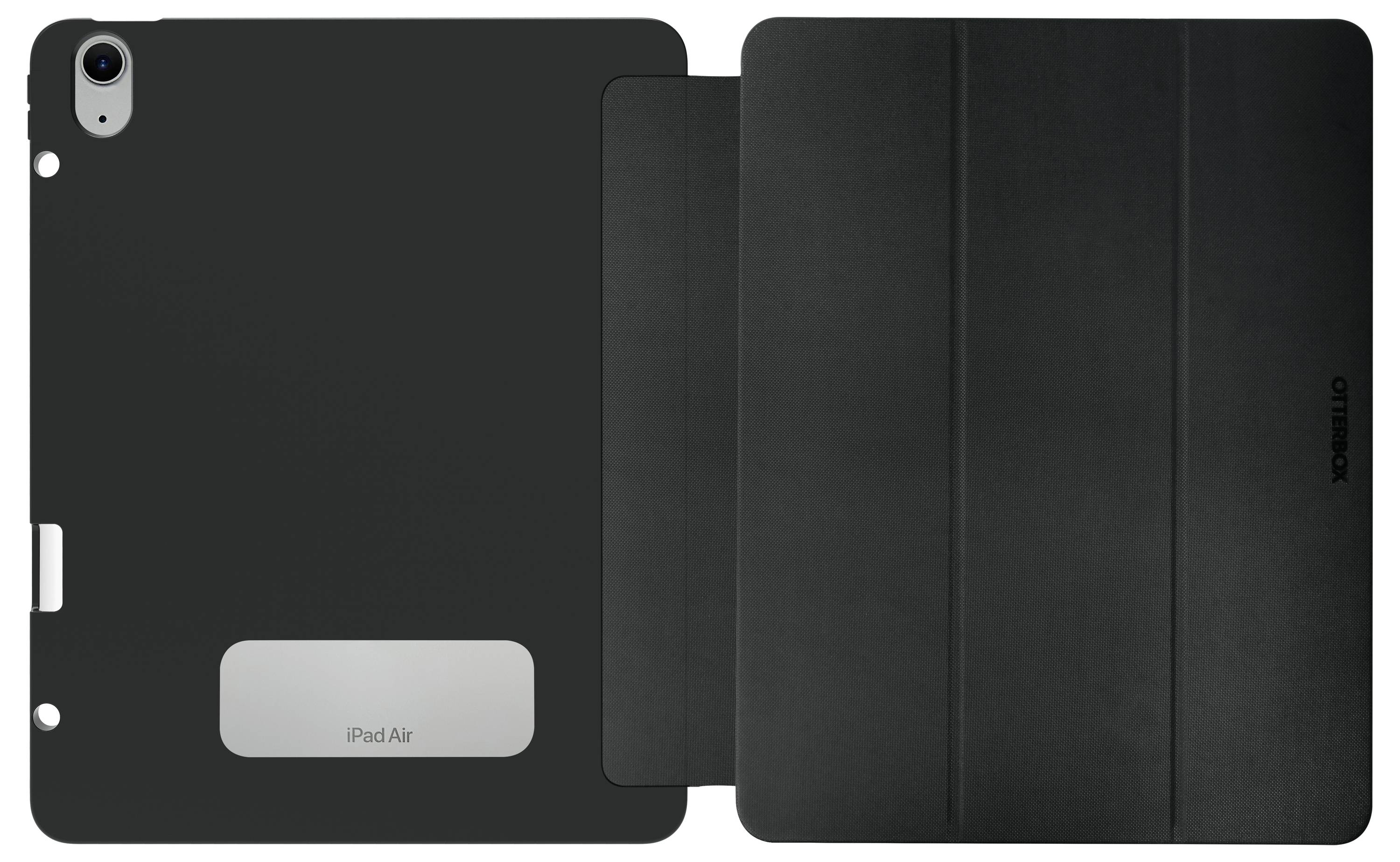 Schwarze Schutzhülle für iPad Air, Vorder- und Rückseite sichtbar. Hergestellt von OtterBox, bietet Stabilität und Schutz.