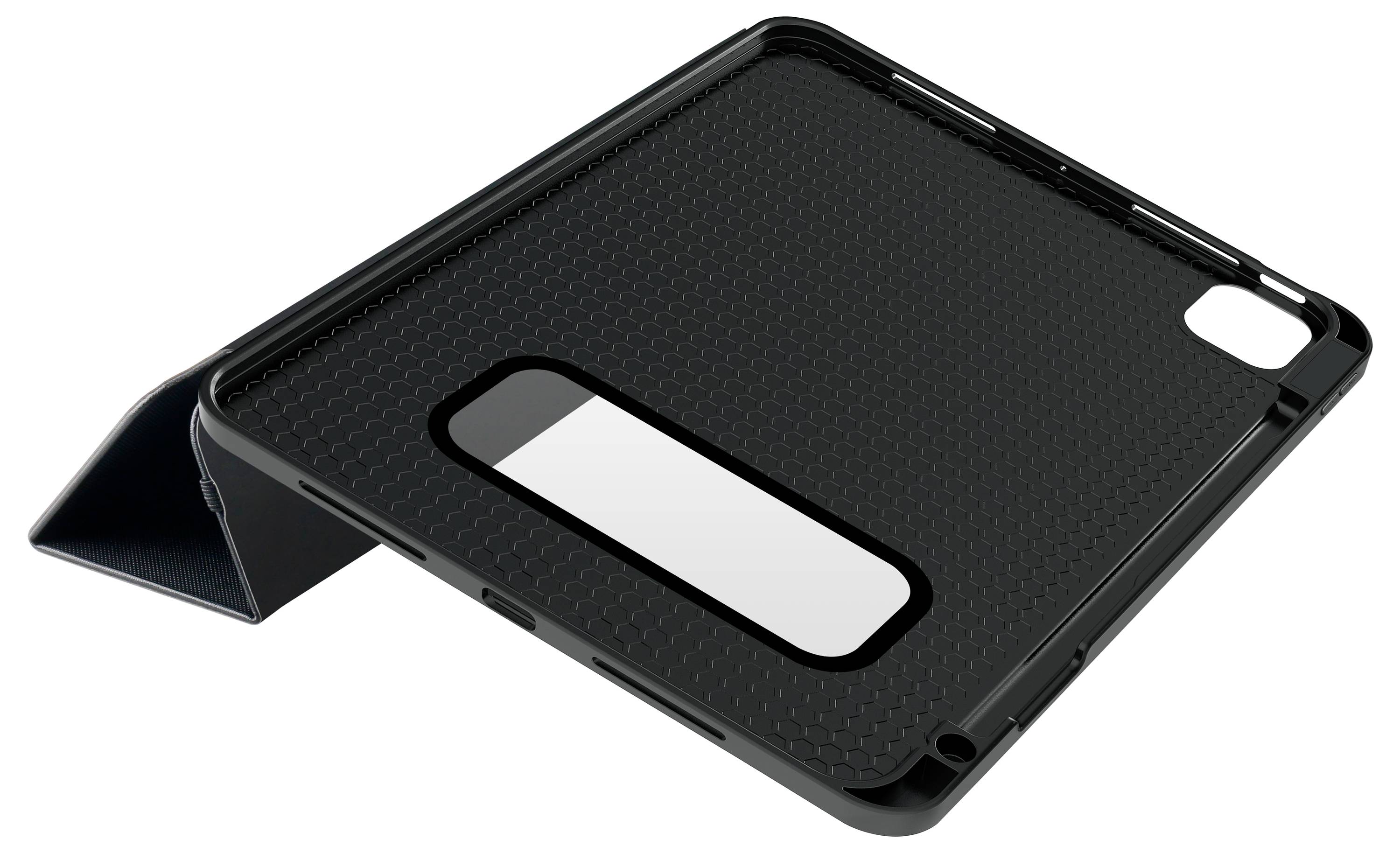 Schwarzes Tablet-Case im Querformat mit Ständer, offener Rückseite und Aussparung für die Kamera. Schlichtes Design mit Textur.