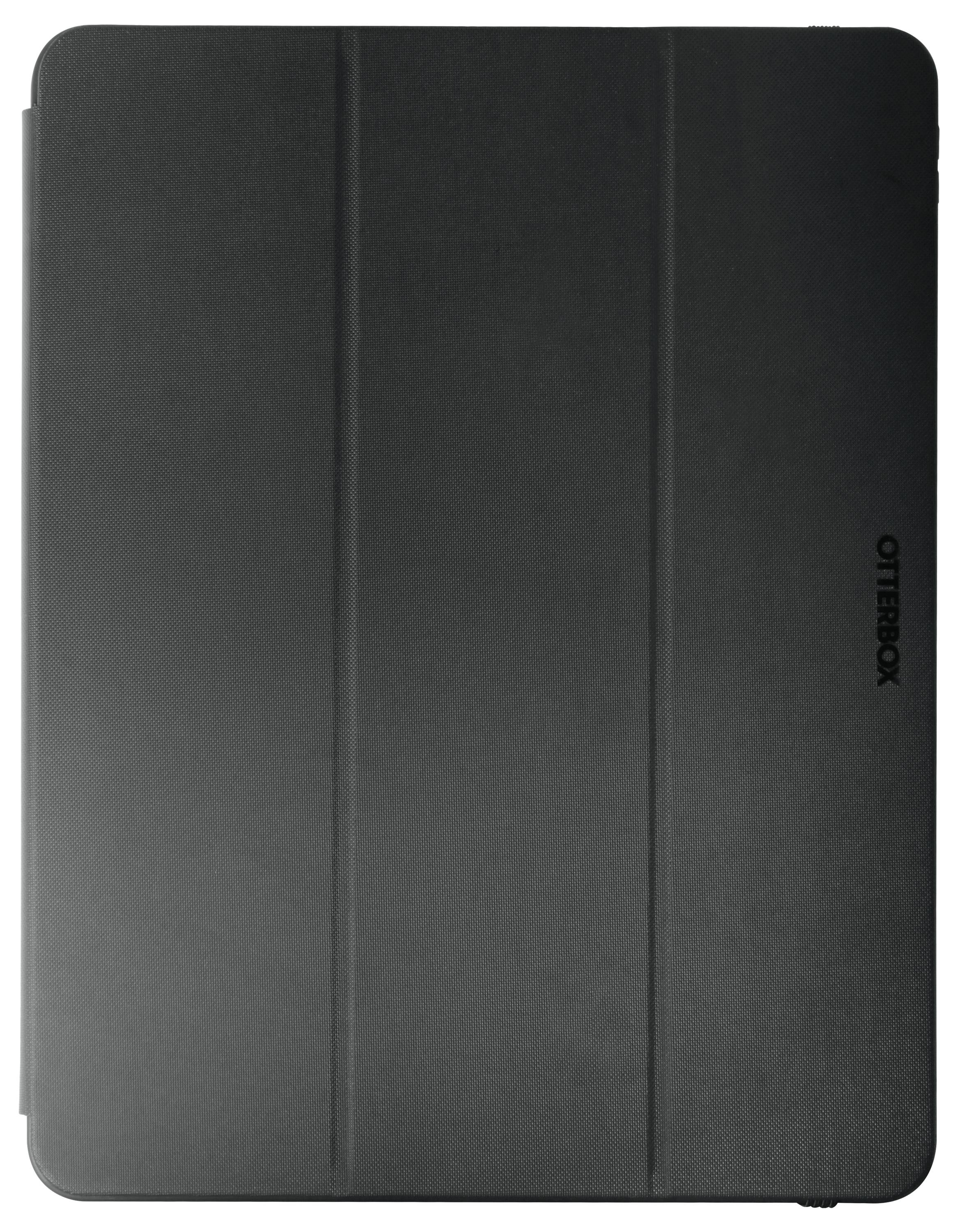 Ein schwarzes Tablet-Cover mit vertikalen Nähten und dem Markenlogo an der Seite. Es ist geschlossen und schlicht gestaltet.