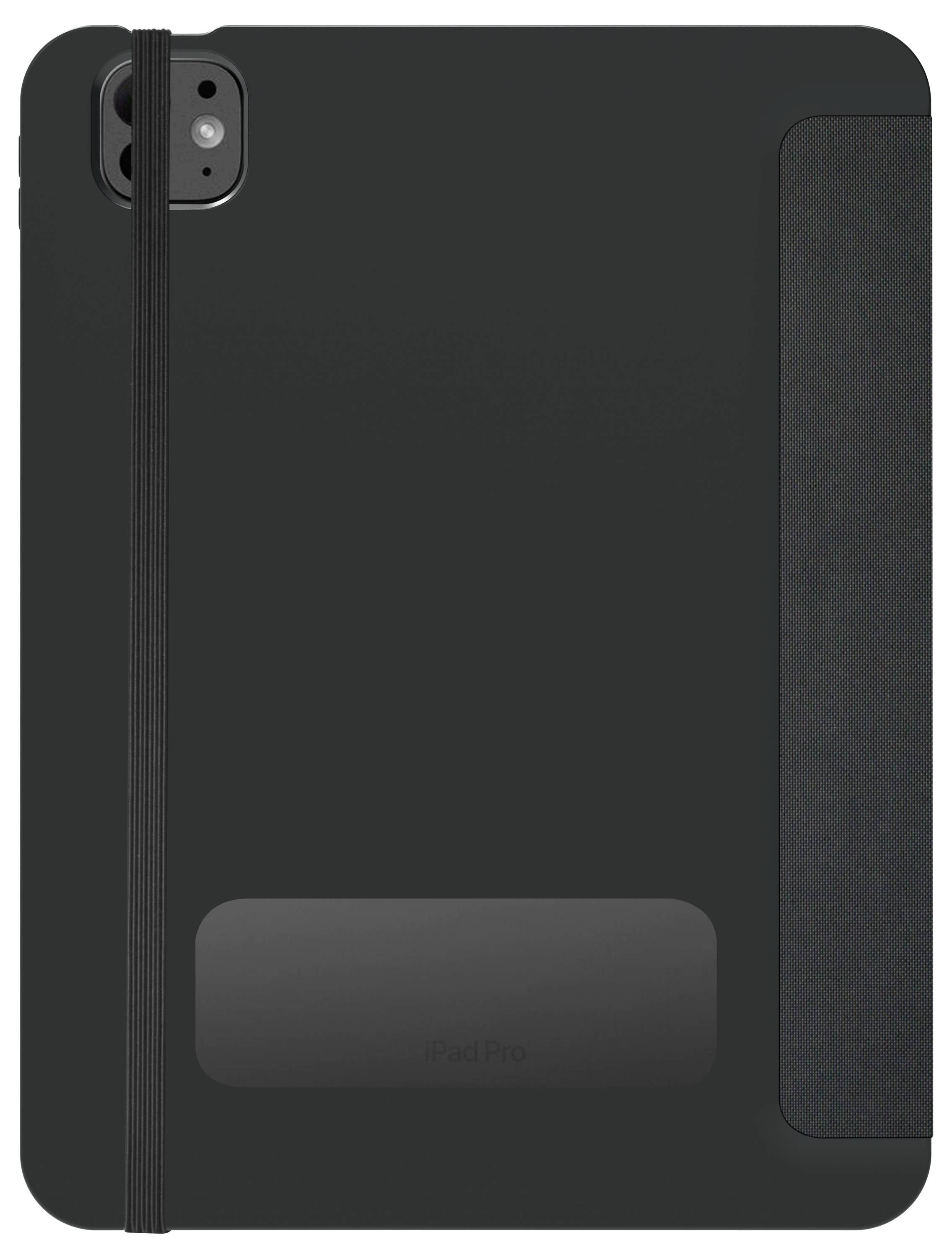 Tablet in schwarzer Schutzhülle mit elastischem Gurt, Rückseite sichtbar. Links oben Kameraaussparung.