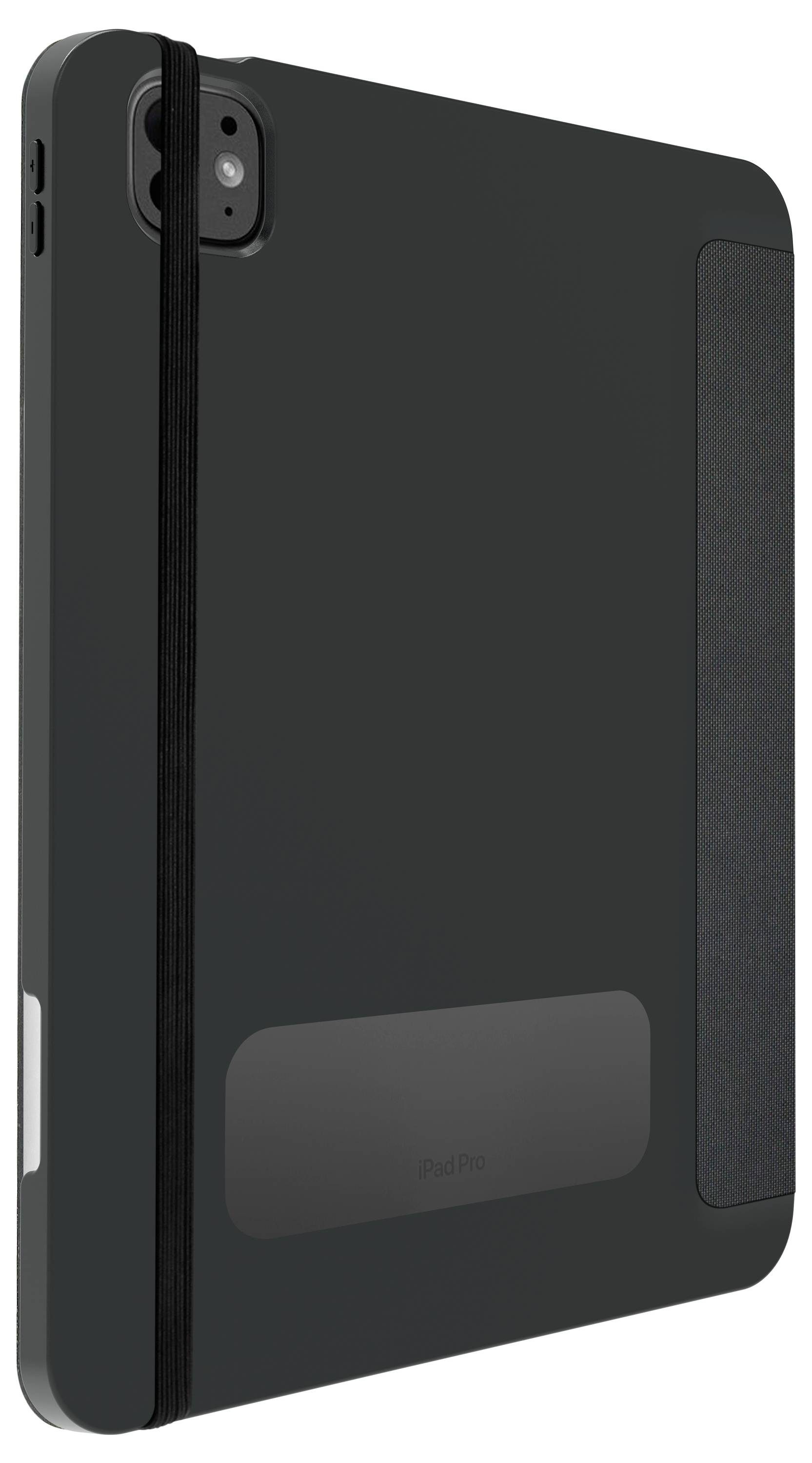 Ein schwarzes Tablet mit einer Kamera in der oberen linken Ecke und einem elastischen Band um die Hülle.