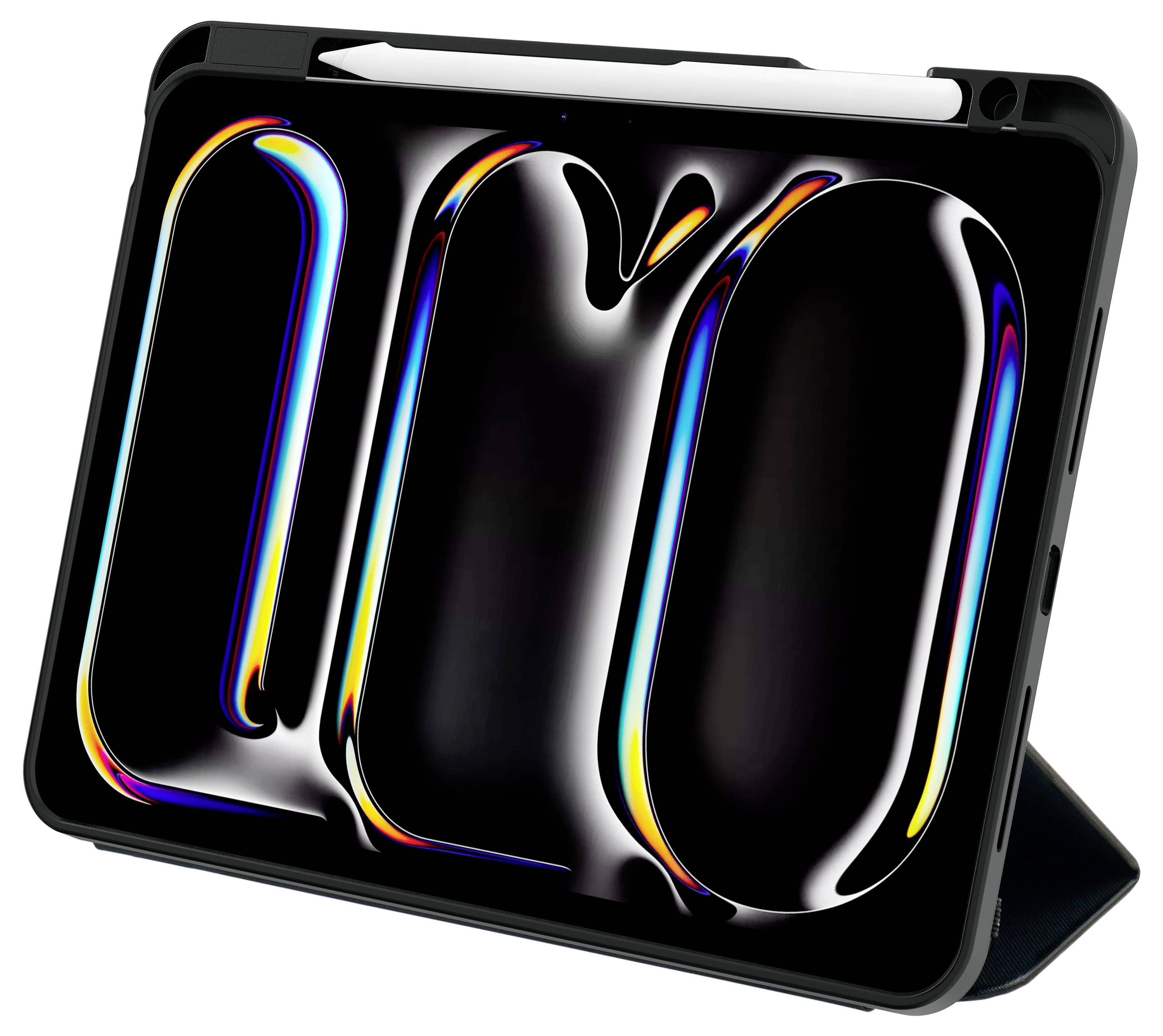 Ein Tablet mit einem schillernden, abstrakten Bildschirmdesign, das in einer Schutzhülle steht. Oben liegt ein Stylus.