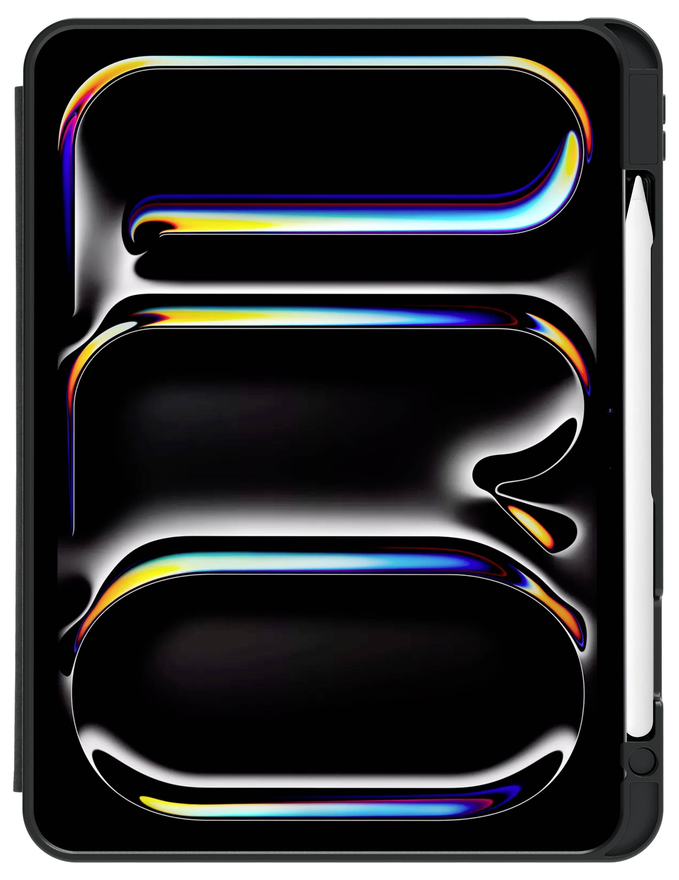 Ein graues Tablet mit einem markanten, bunten Design auf dem Bildschirm, das in weißen und roten Farben leuchtet. Eine Stiftablage rechts.