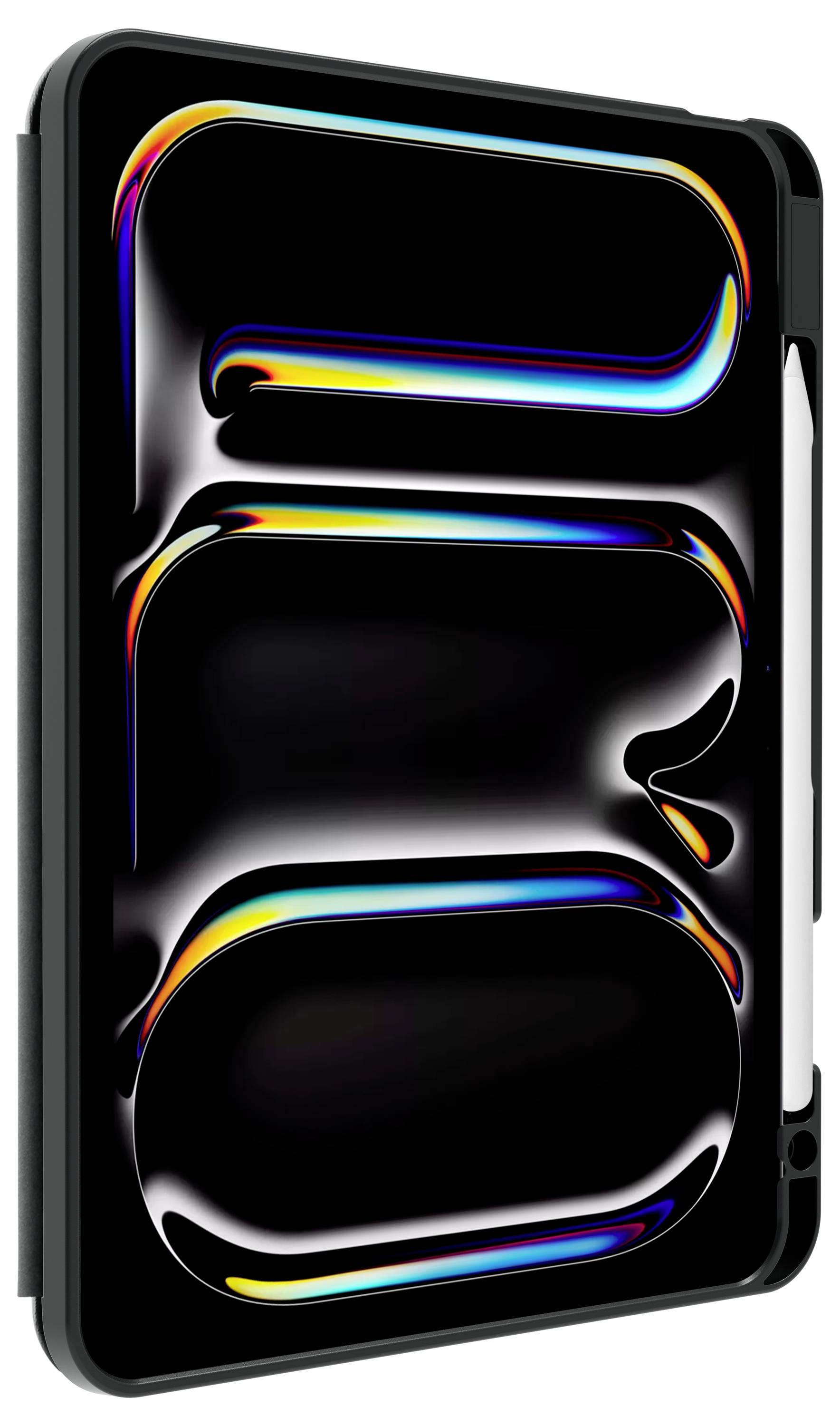 Schwarzes Tablet mit leuchtenden, mehrfarbigen Designs auf dem Bildschirm, das seitlich liegt.