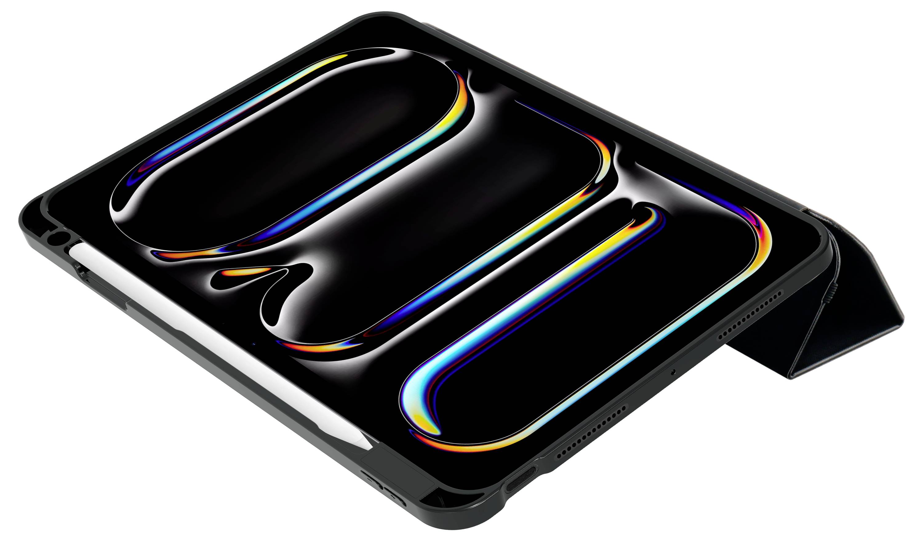 Ein Tablet mit einer Schutzhülle und einem Eingabestift an der Seite. Der Bildschirm zeigt abstrakte, bunte Formen auf schwarzem Hintergrund.