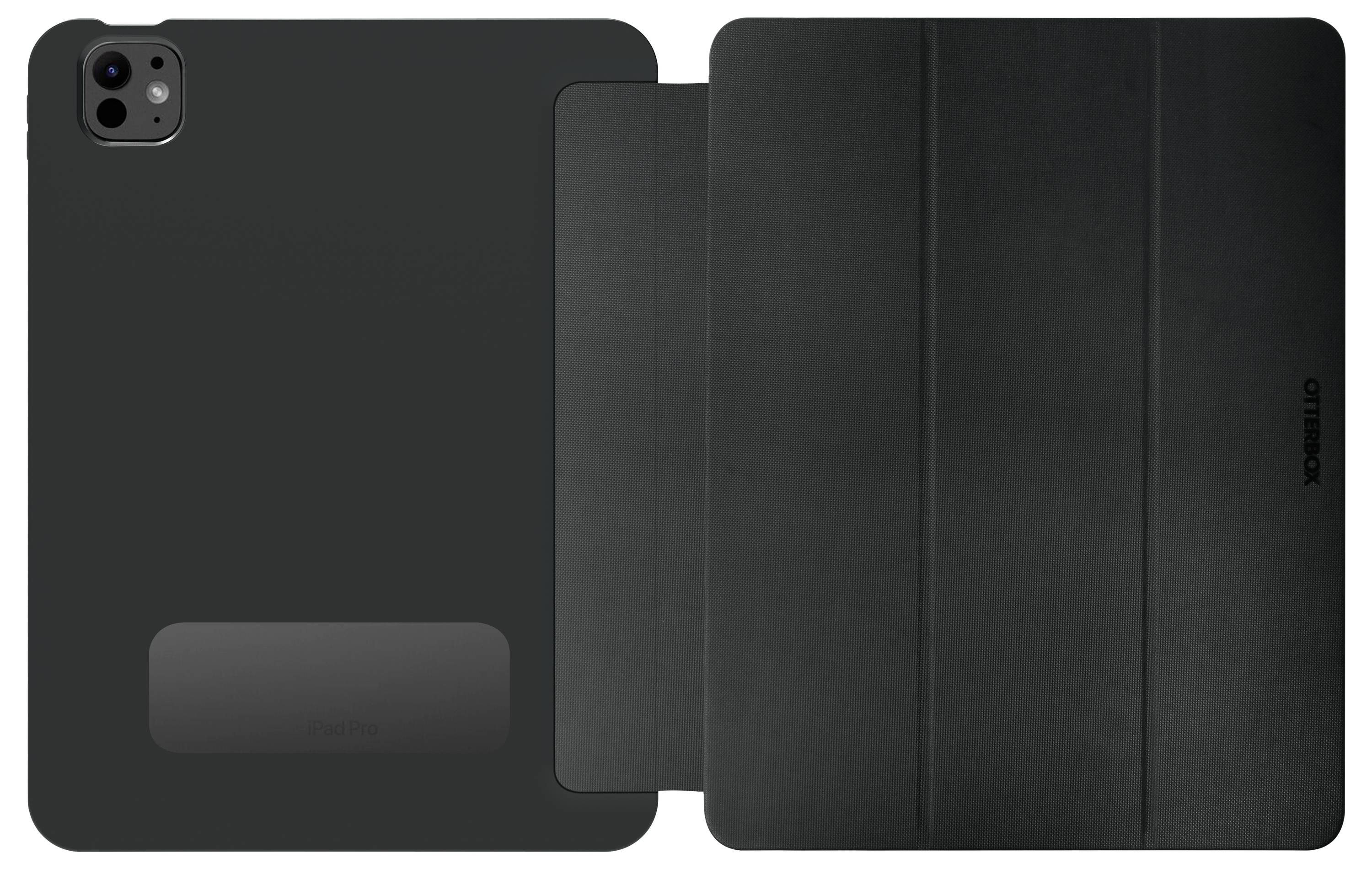 Schwarze Schutzhülle für Tablet, Blick von hinten und vorn. Aufschrift 'OtterBox' auf der Vorderseite.