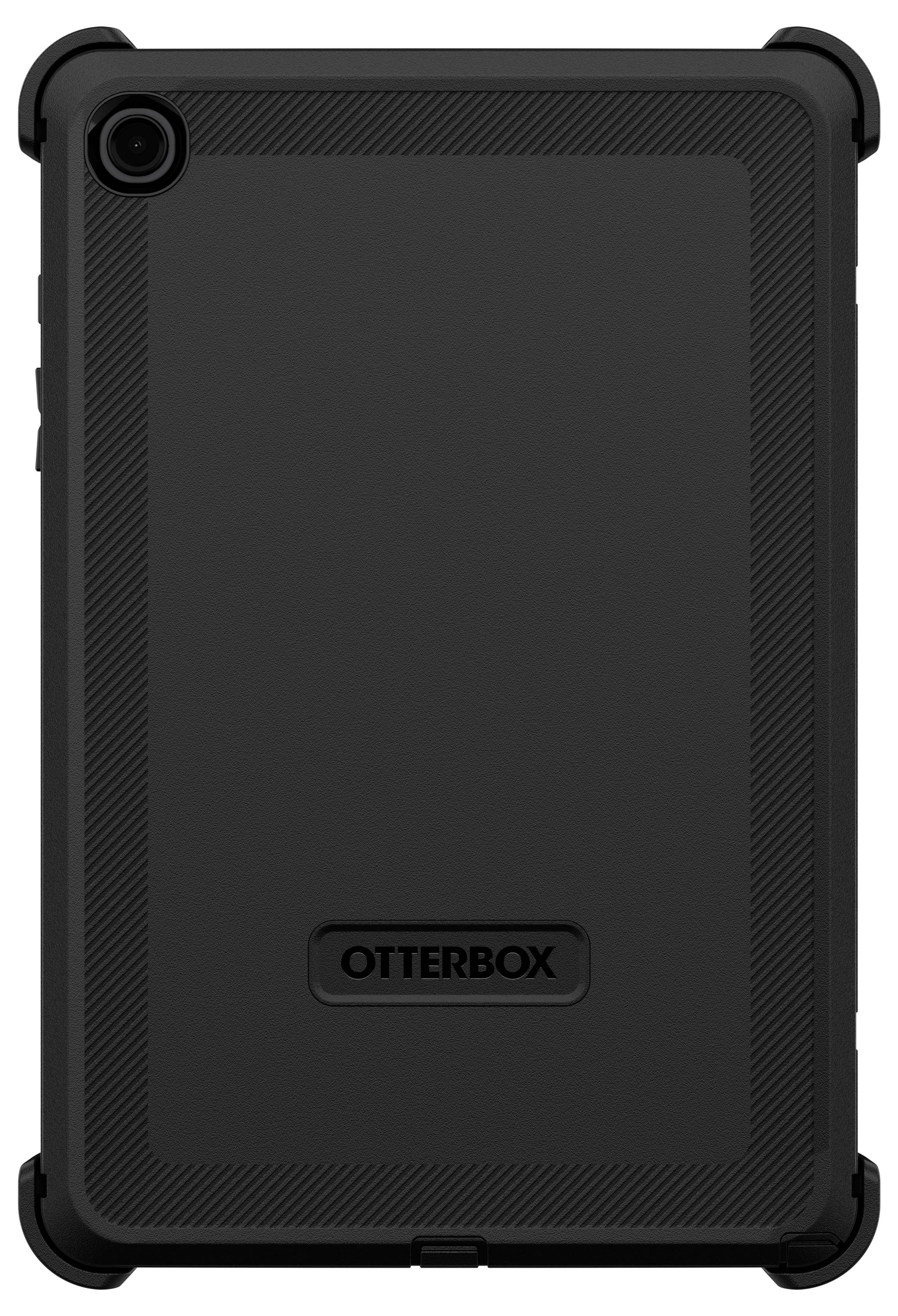 Eine robuste schwarze Tablet-Schutzhülle mit verstärkten Ecken und einem geprägten 'OtterBox'-Logo in der Mitte.
