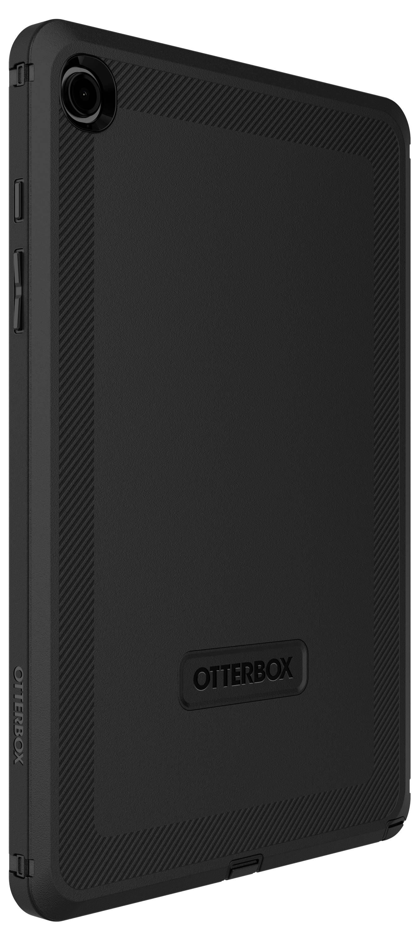 Schwarzes Schutzhülle für ein Tablet mit Kameraausschnitt und Markenlogo in der Mitte.