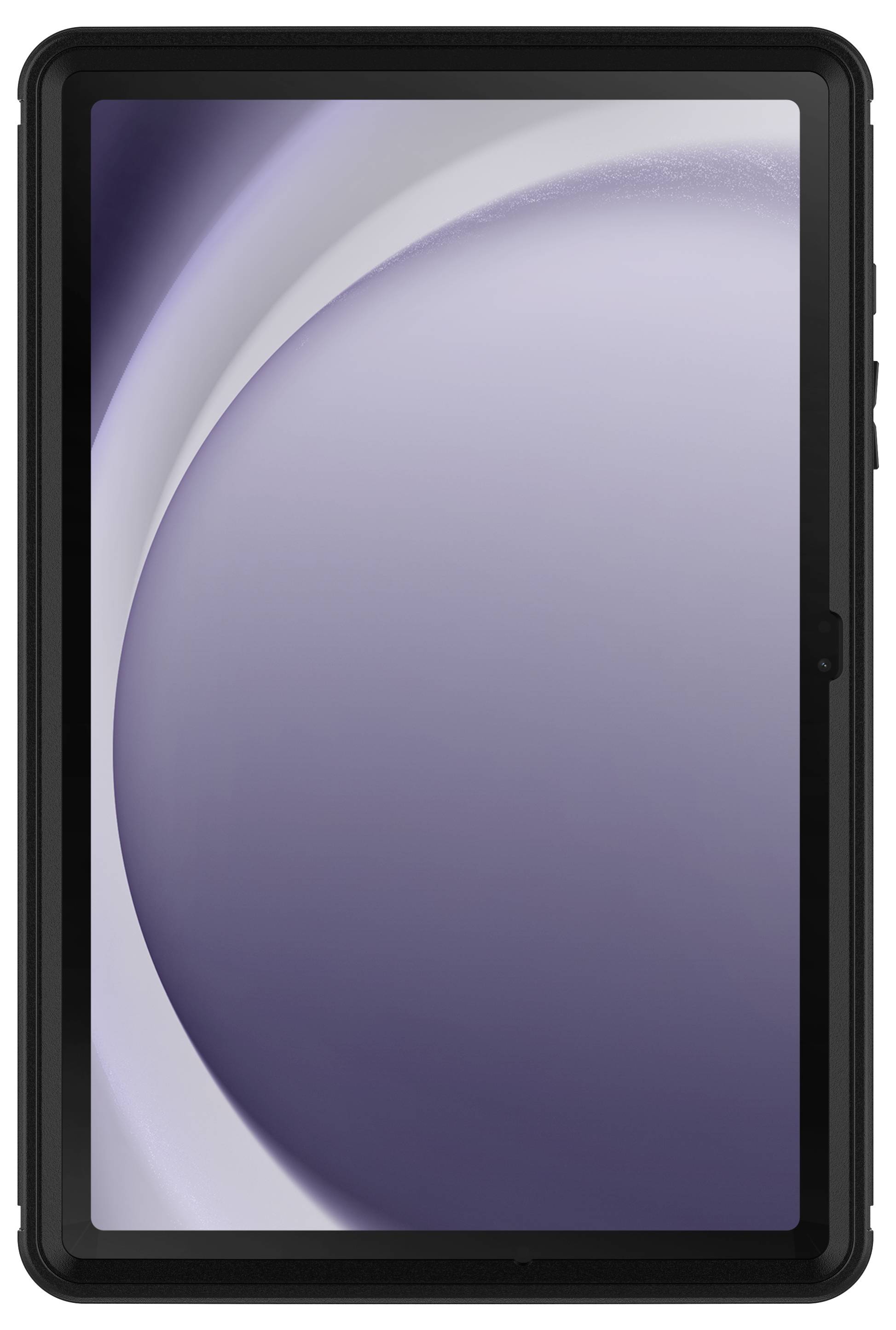 Ein schwarzes Tablet mit einem lila schimmernden Bildschirm, das einen minimalistischen digitalen Hintergrund zeigt.