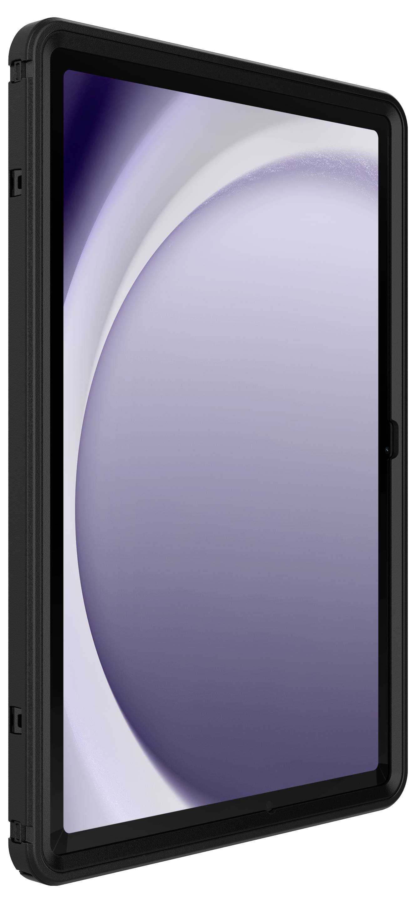 Tablet mit schwarzem Rahmen, auf dem ein lila-weißes abstraktes Muster angezeigt wird.