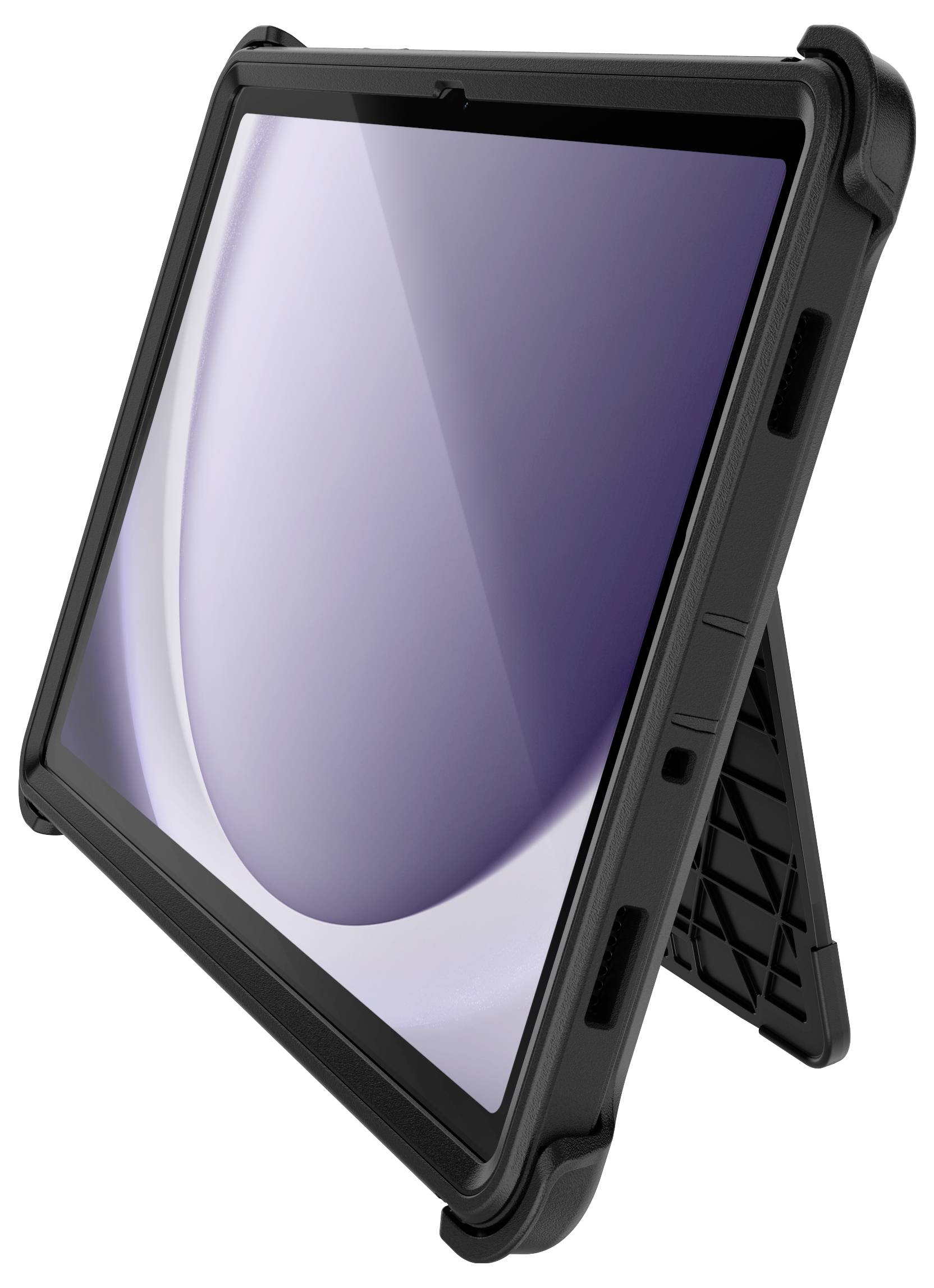 Robustes schwarzes Tablet in Schutzhülle mit Ständer aufgestellt. Bildschirm zeigt abstraktes Design in lila und weiß.