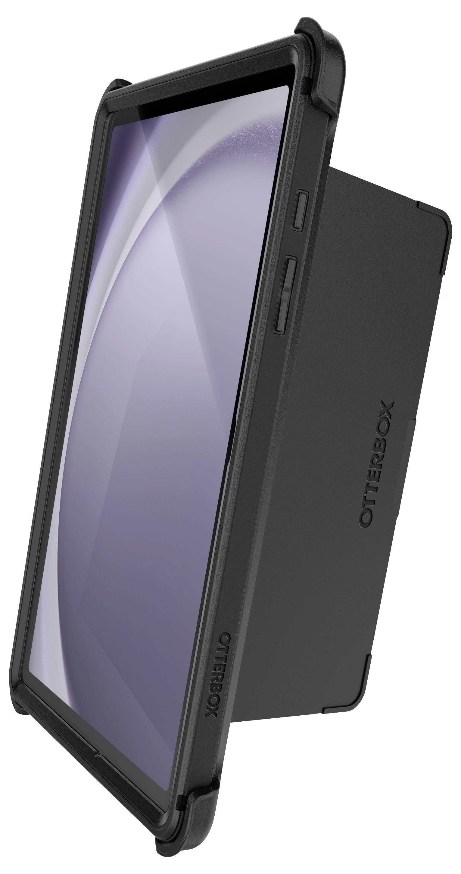 Ein schwarzes OtterBox-Tabletgehäuse mit integriertem Ständer für Halt und Schutz, präsentiert in seitlicher Ansicht.