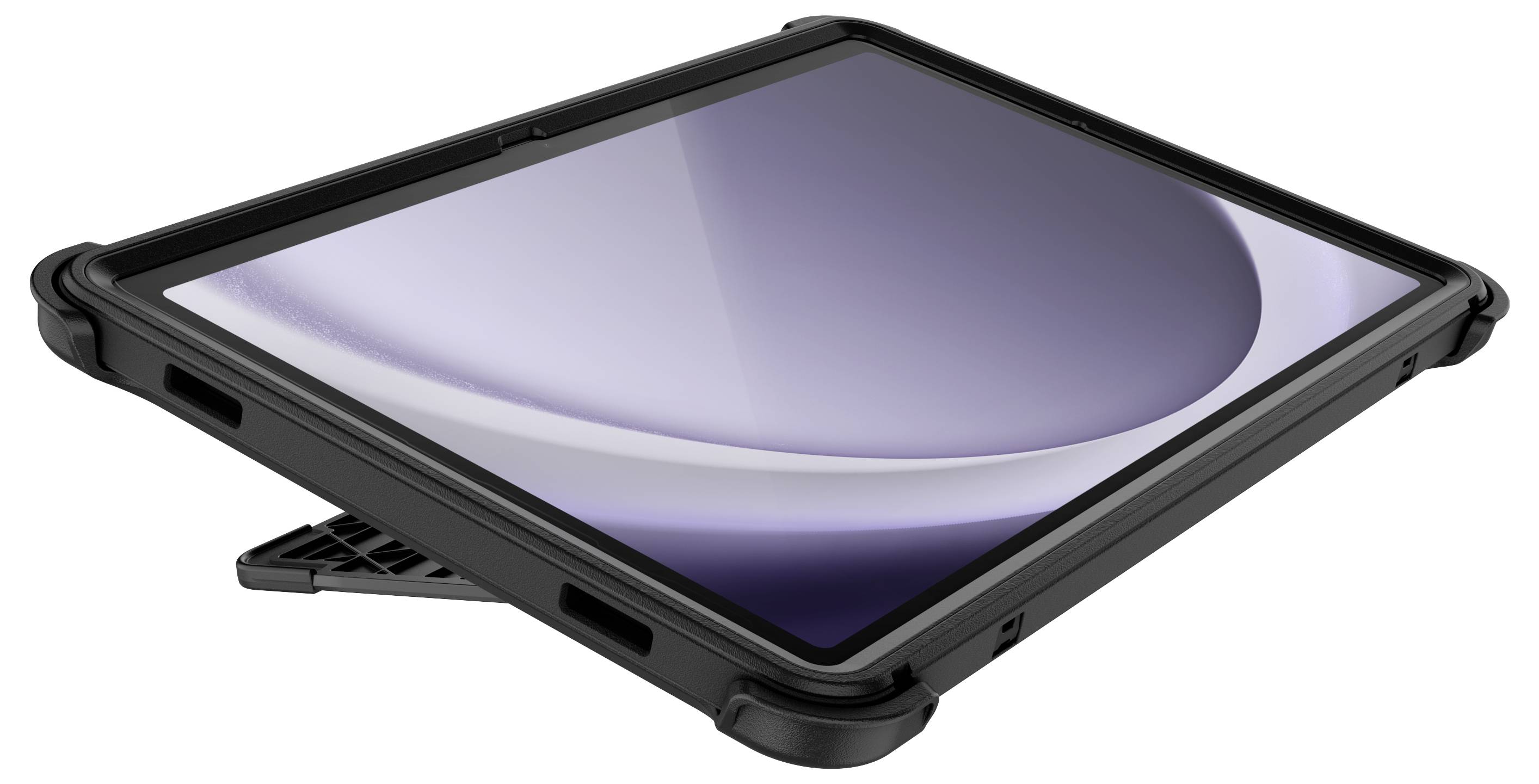 Robustes Tablet in schwarzem Schutzgehäuse mit eingebautem Ständer, auf flacher Oberfläche liegend. Bildschirm ist dunkel.