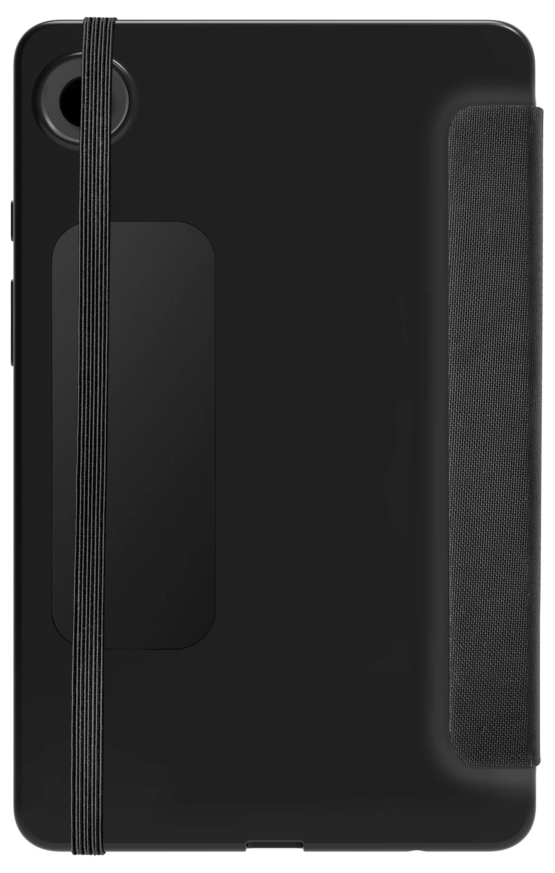 Schwarzes Tablet in einer dunkelgrauen Hülle, vertikal positioniert, mit Gummiband zur Sicherung an der Seite.
