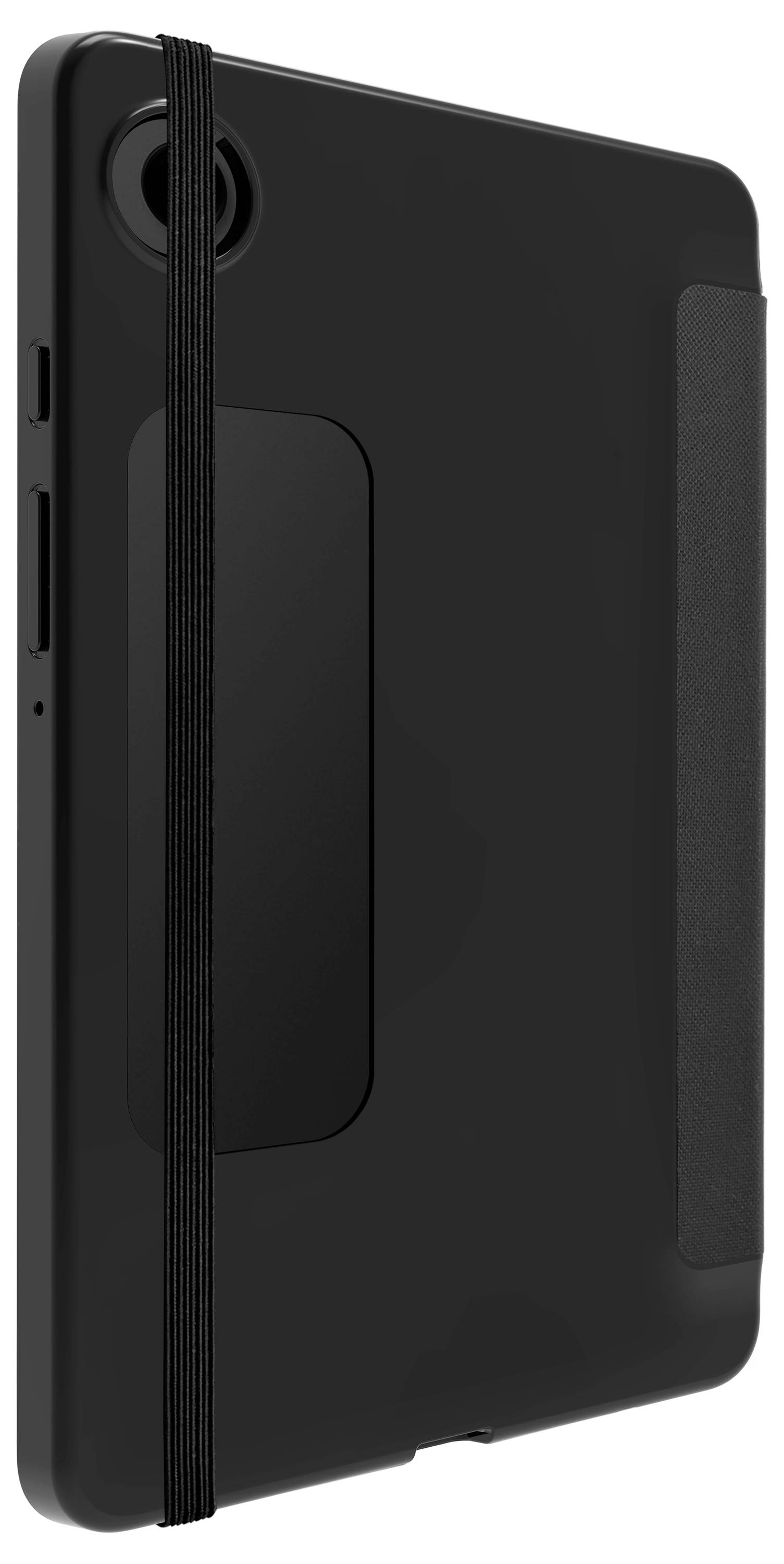 Ein schwarzes Tablet mit Kamera und Gummiband zur Fixierung. Es ist stehend dargestellt, Fokus auf die Rückseite und Kante.