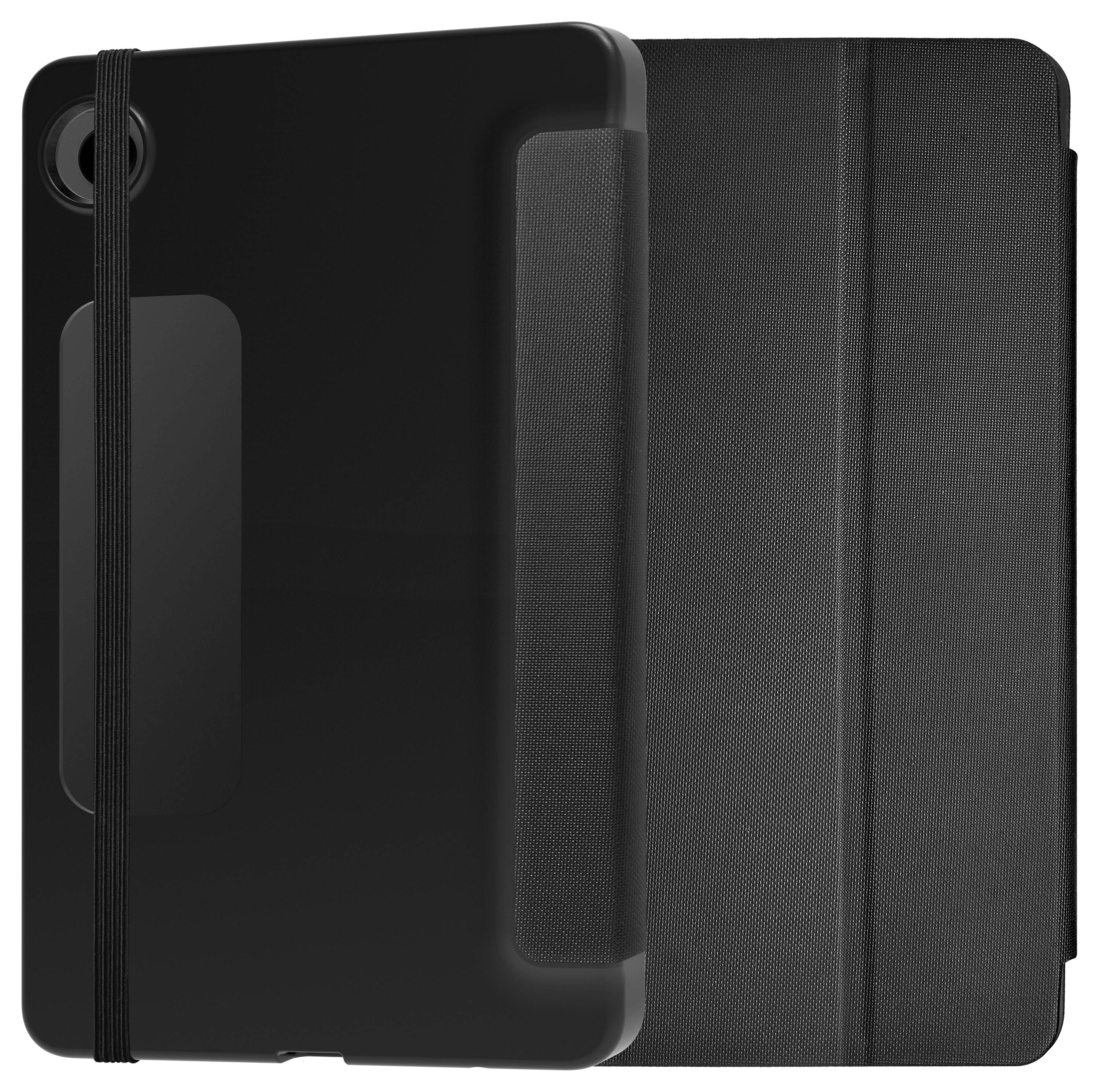 Schwarze Schutzhülle für ein Tablet mit elastischem Band, um das Gerät geschlossen zu halten.