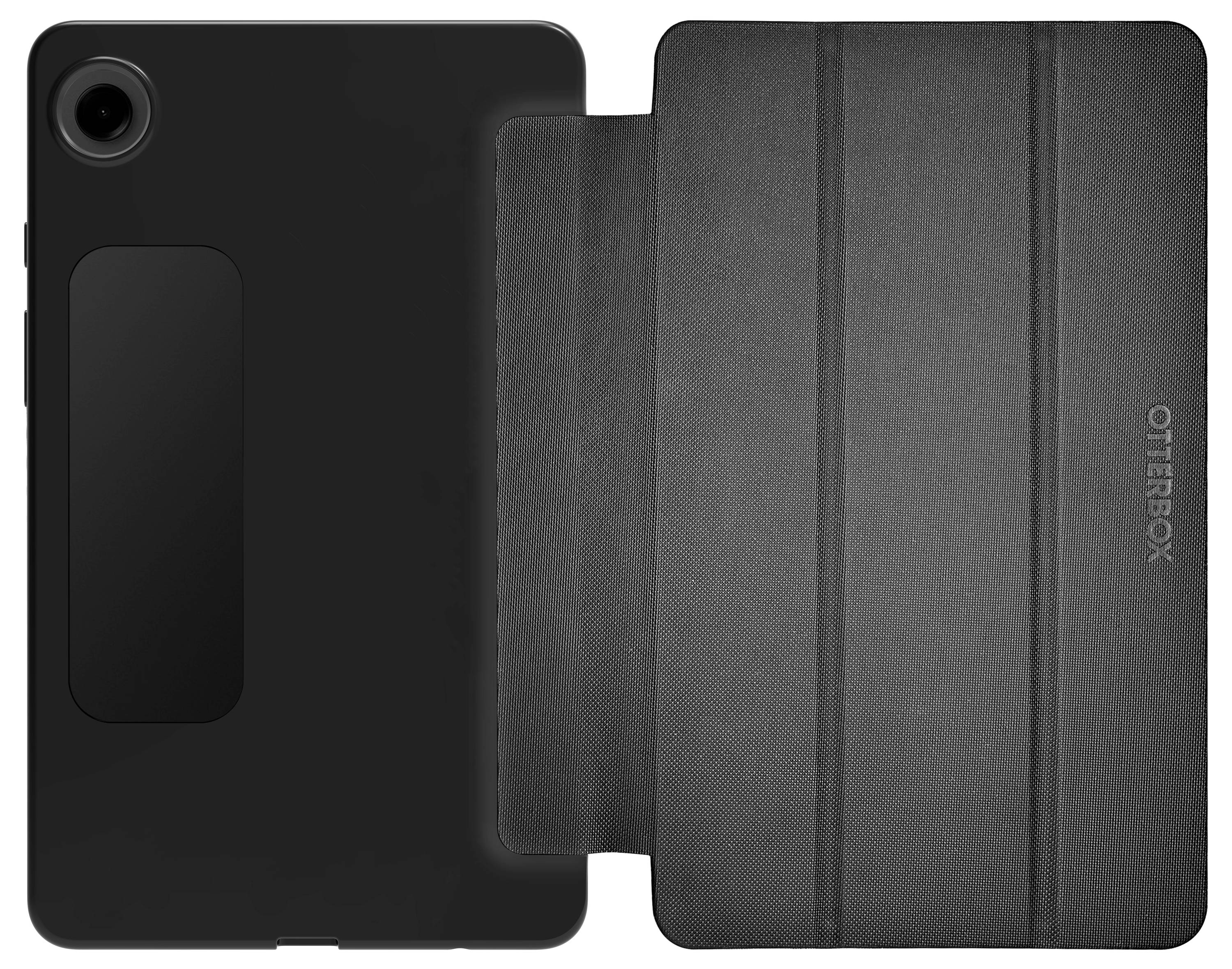 Schwarzes Tablet im OtterBox-Schutzetui mit offener dreifach gefalteter Abdeckung, die das Gerät schützt.