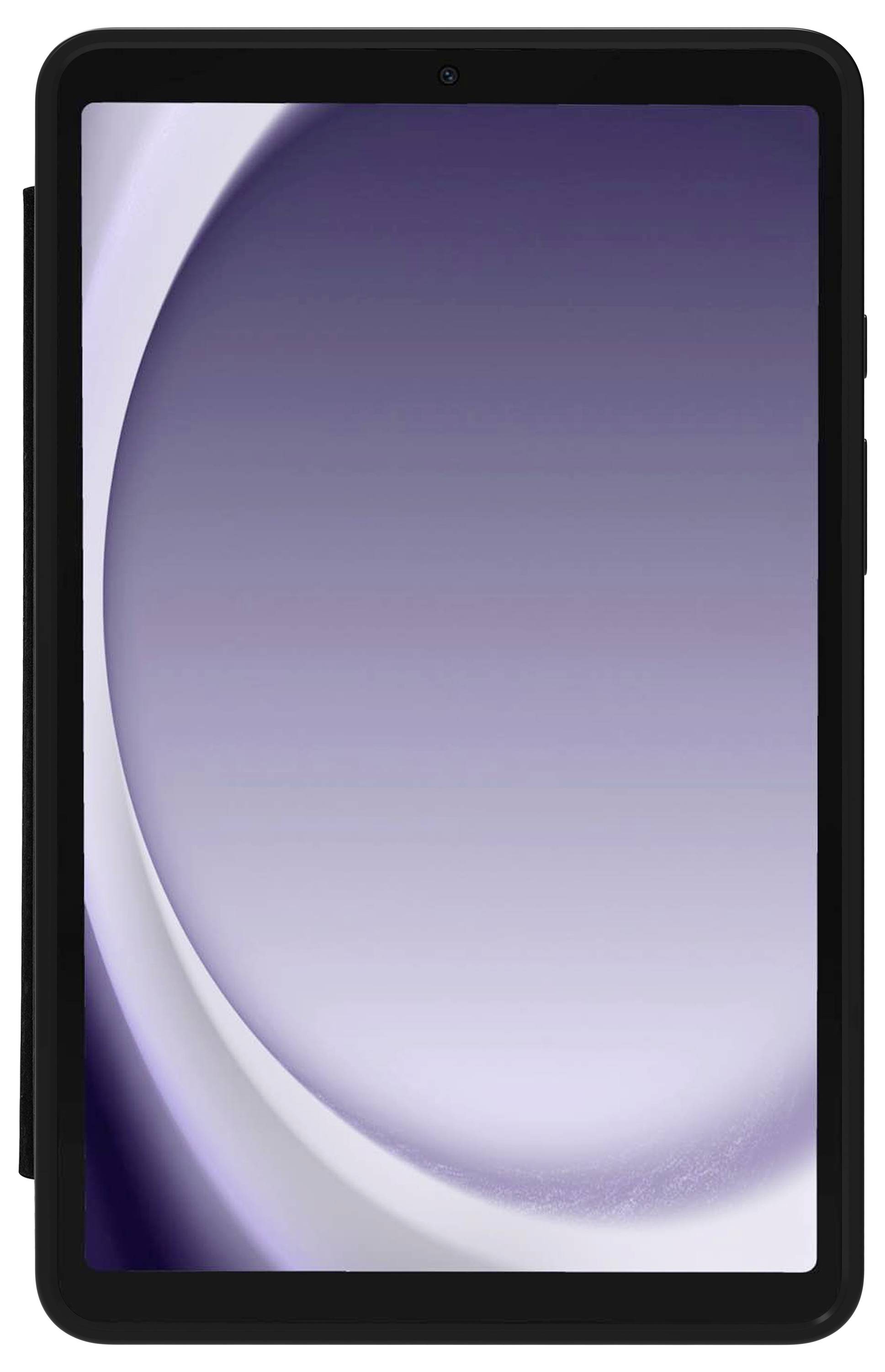 Tablet mit schwarzem Gehäuse, auf dem Bildschirm ein lila-gradiertes Hintergrundbild.