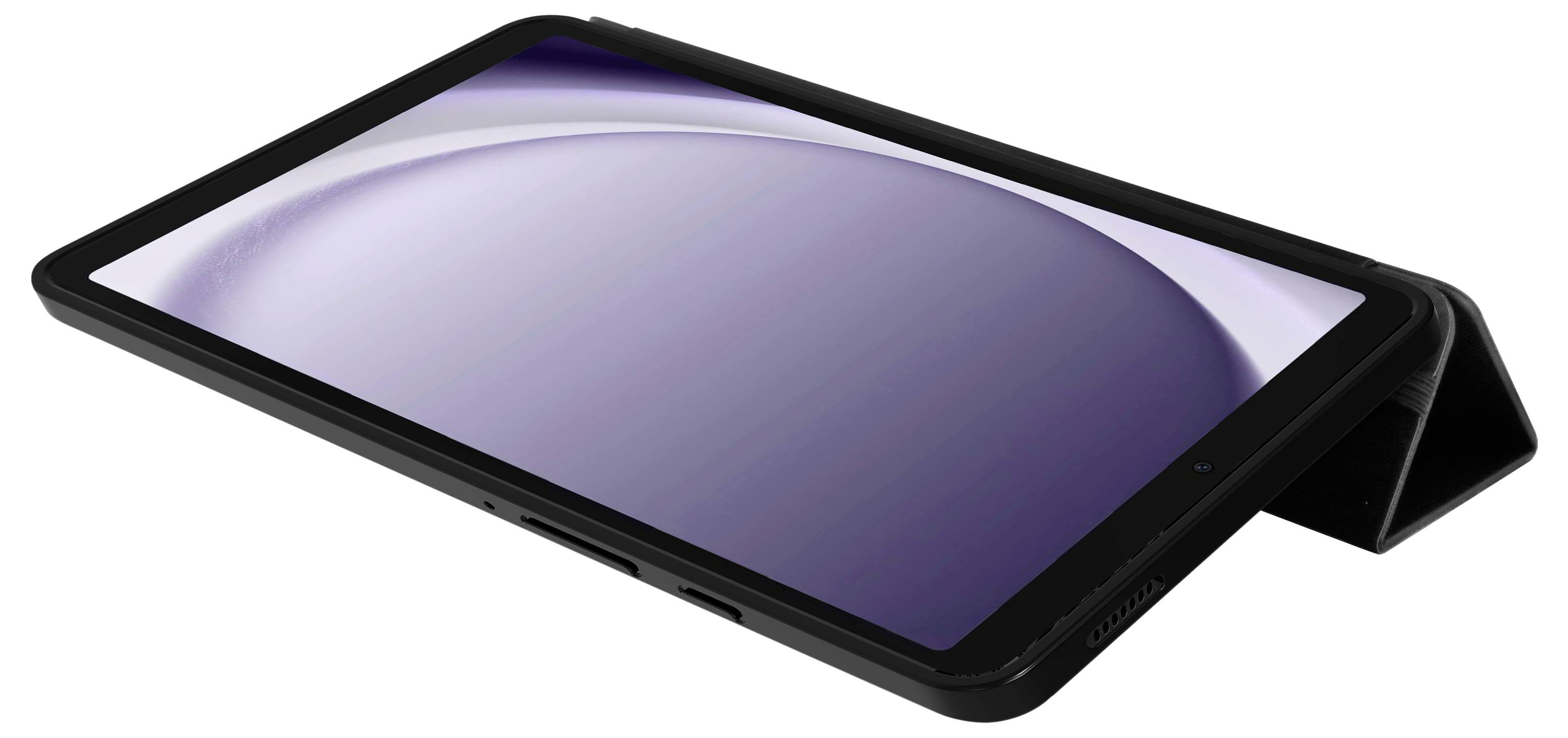Ein Tablet mit aufgeklapptem Schutzhülle steht schräg auf einem Tisch. Der Bildschirm zeigt ein abstraktes, violettes Muster.