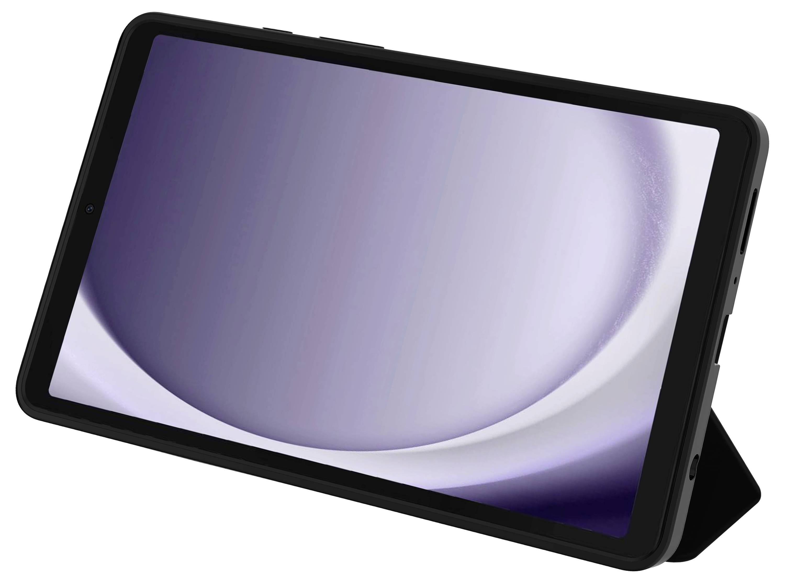 Ein Tablet mit schwarzem Rahmen steht auf einem Ständer. Der Bildschirm zeigt ein abstraktes, violett-weißes Muster.