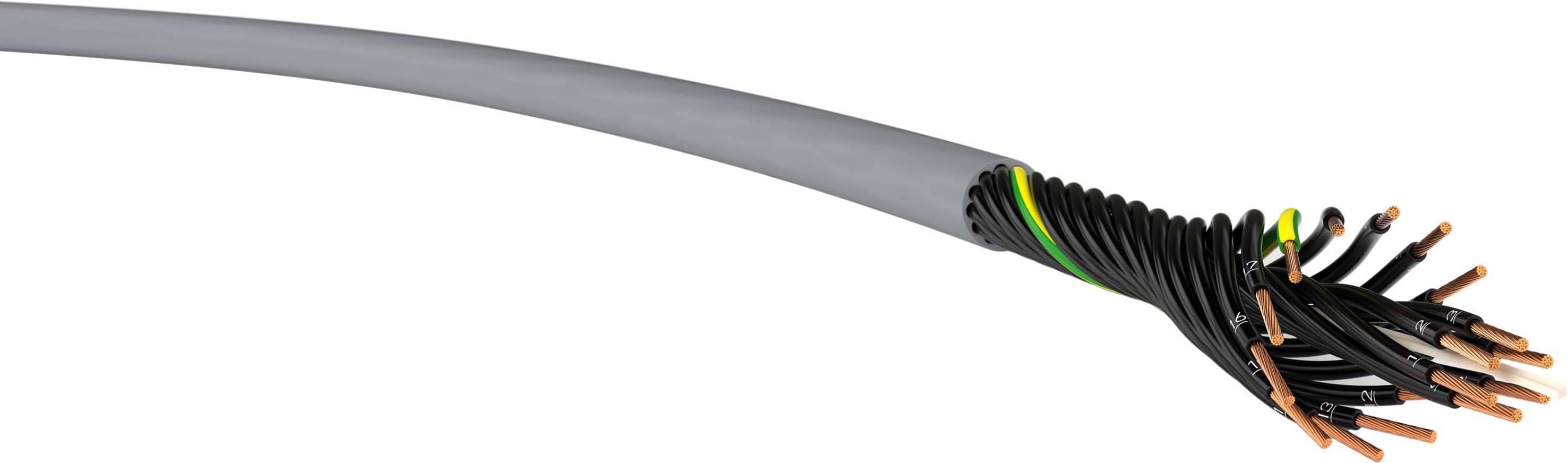 Ein graues Kabel mit mehreren Kupferdrähten ragt heraus. Die Drahtenden sind in schwarzem Schutzmantel gehalten.