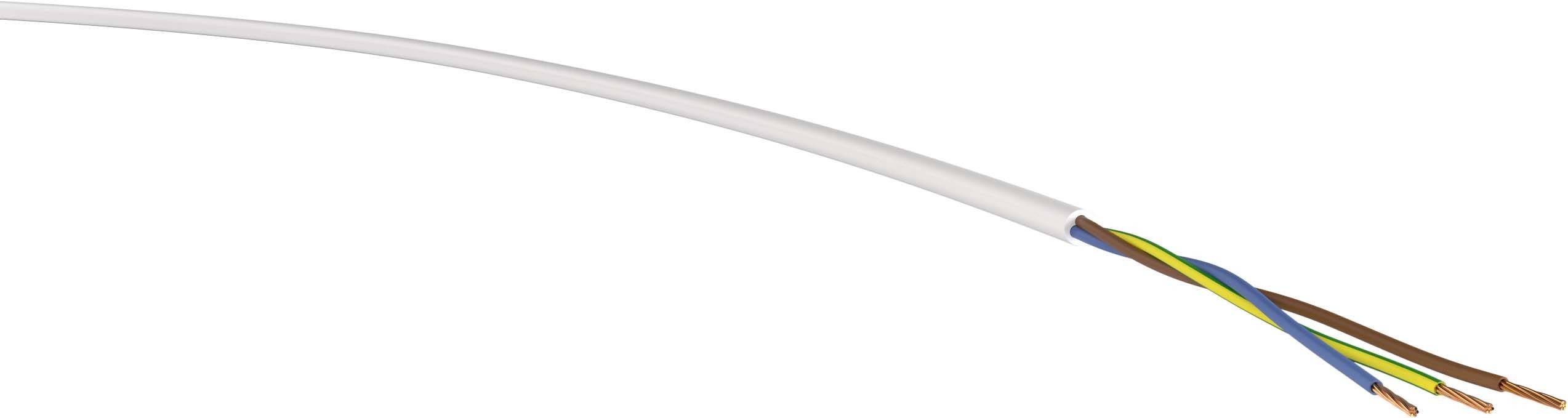 Ein Kabel mit vier innenliegenden Drähten in braun, blau, gelb-grün und schwarz ist zu sehen. Die Isolierung ist teilweise entfernt.