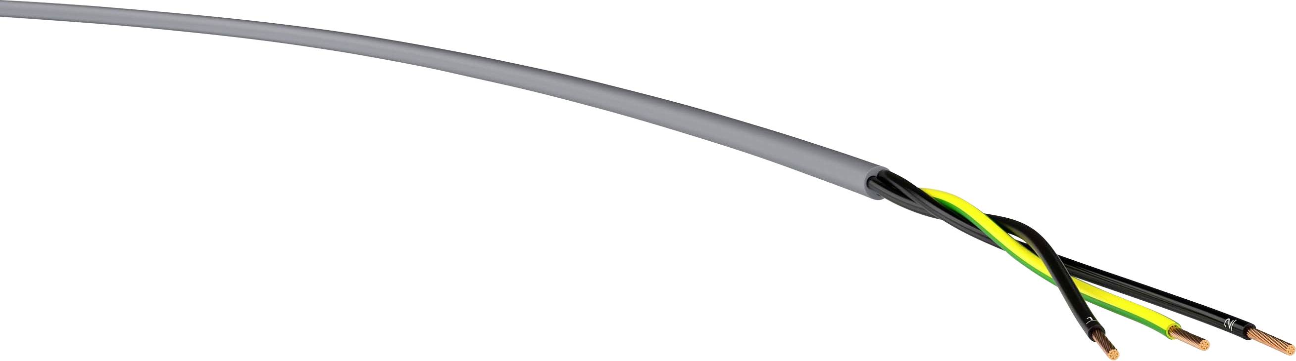 Ein graues Kabel mit drei freiliegenden Drähten: gelb-grün, schwarz und braun.