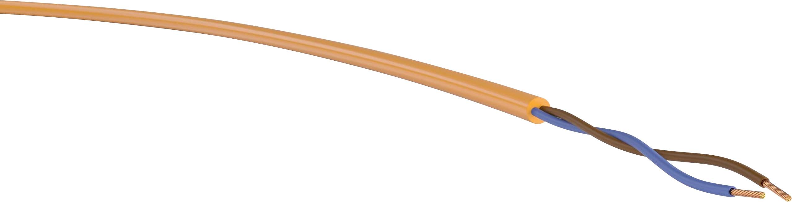 Ein orangefarbenes Elektrokabel mit zwei isolierten Adern, blau und braun, ist teilweise abisoliert, um die Leiter freizulegen.