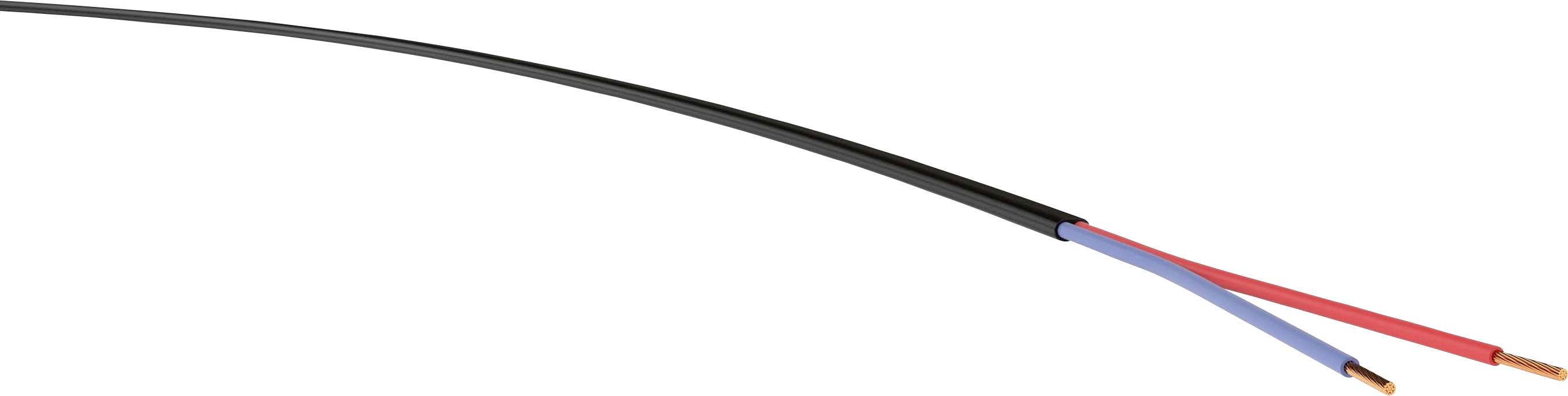 Ein schwarzes Kabel mit zwei sichtbaren Drähten: einem roten und einem blauen. Die Drähte sind teilweise isoliert.
