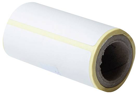 Eine Rolle unbeschrifteter weißer Klebeetiketten, teilweise abgerollt, mit einem sichtbaren braunen Kartonkern.