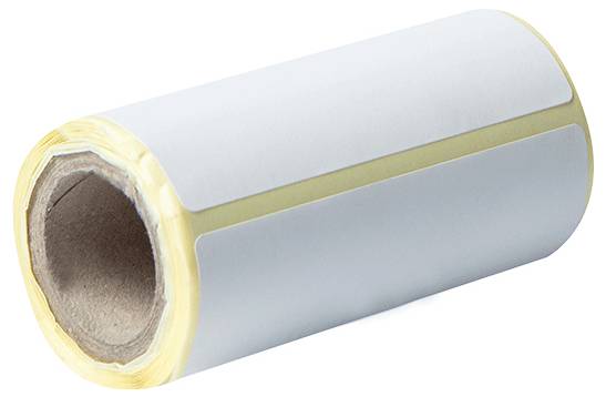 Rolle von weißen Haftetiketten auf einer Pappkartonhülse, die für Beschriftungszwecke verwendet wird. Die Etiketten sind weiß und in einer einzelnen Spalte angeordnet.