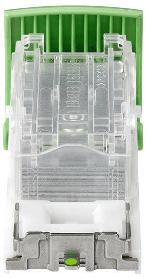 Eine Nahaufnahme eines grünen und transparenten Hefters mit sichtbaren Heftklammern im Inneren.