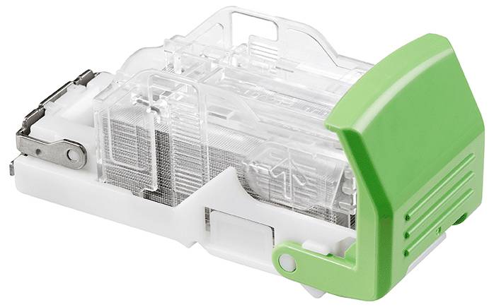 Eine Tintenpatrone aus Kunststoff mit transparentem Gehäuse und grünem Griff, verwendet für einen Drucker.