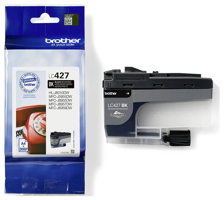 Brother LC427 BK Tintenpatrone in schwarz mit Verpackung; kompatibel mit verschiedenen Brother Druckermodellen.