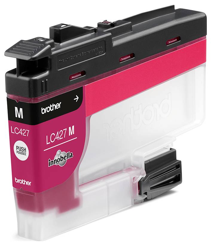Tintenpatrone Brother LC427M in Magenta mit Innobella-Technologie, mit dem Buchstaben M gekennzeichnet und mit Druckverschluss versehen.