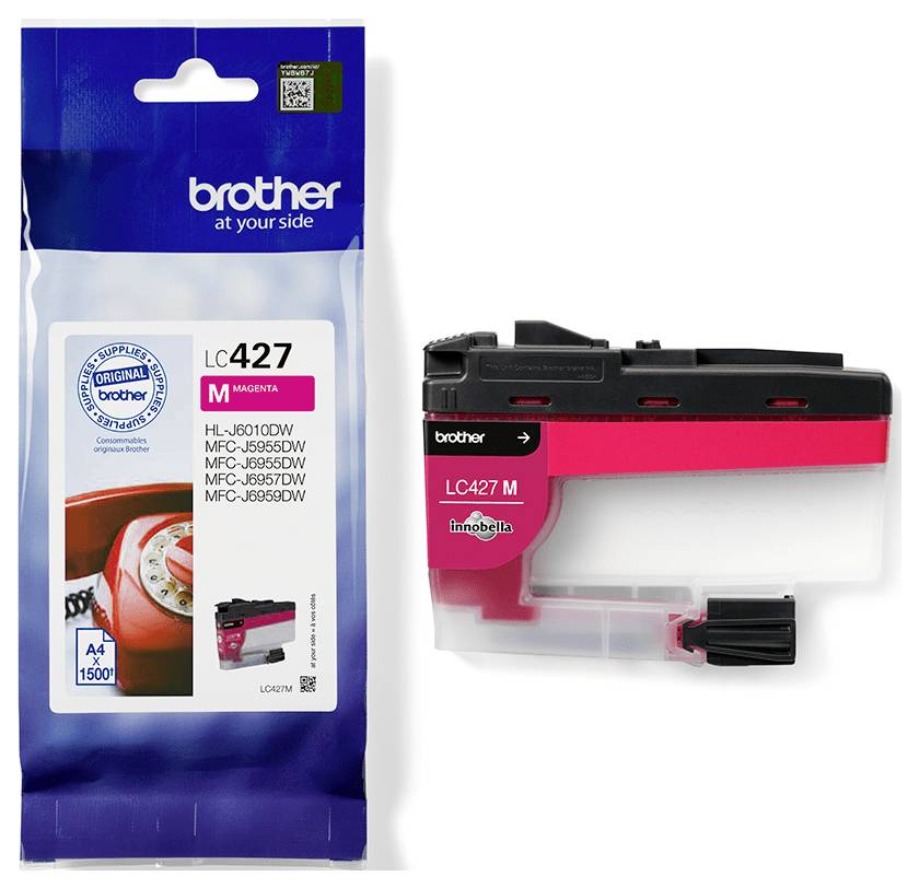 Verpackung und Tintenpatrone 'Brother LC427M' in Magenta, für bestimmte Brother-Drucker wie HL-J6010DW, mit ISO-Ertragsangaben dargestellt.