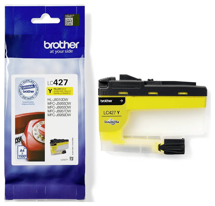 Brother Marken-Tintenpatrone in Gelb (LC427 Y), verpackt für bestimmte Druckermodelle, einschließlich MFC-J6955DW und HL-J6010DW.