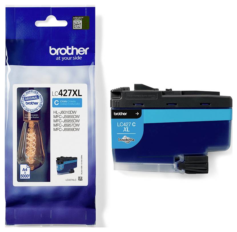 'Brother LC427XL Cyan Tintenpatrone'; Verpackung und Patrone abgebildet; kompatibel mit HL-J6010DW, MFC-J6955DW.