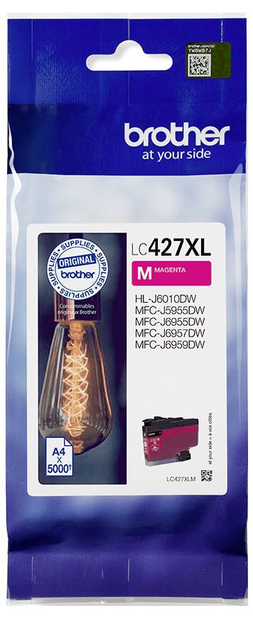 Brother LC427XL Magenta Tintenpatrone Verpackung, die Kompatibilität mit HL-J6010DW, MFC-J6955DW und anderen Modellen zeigt.